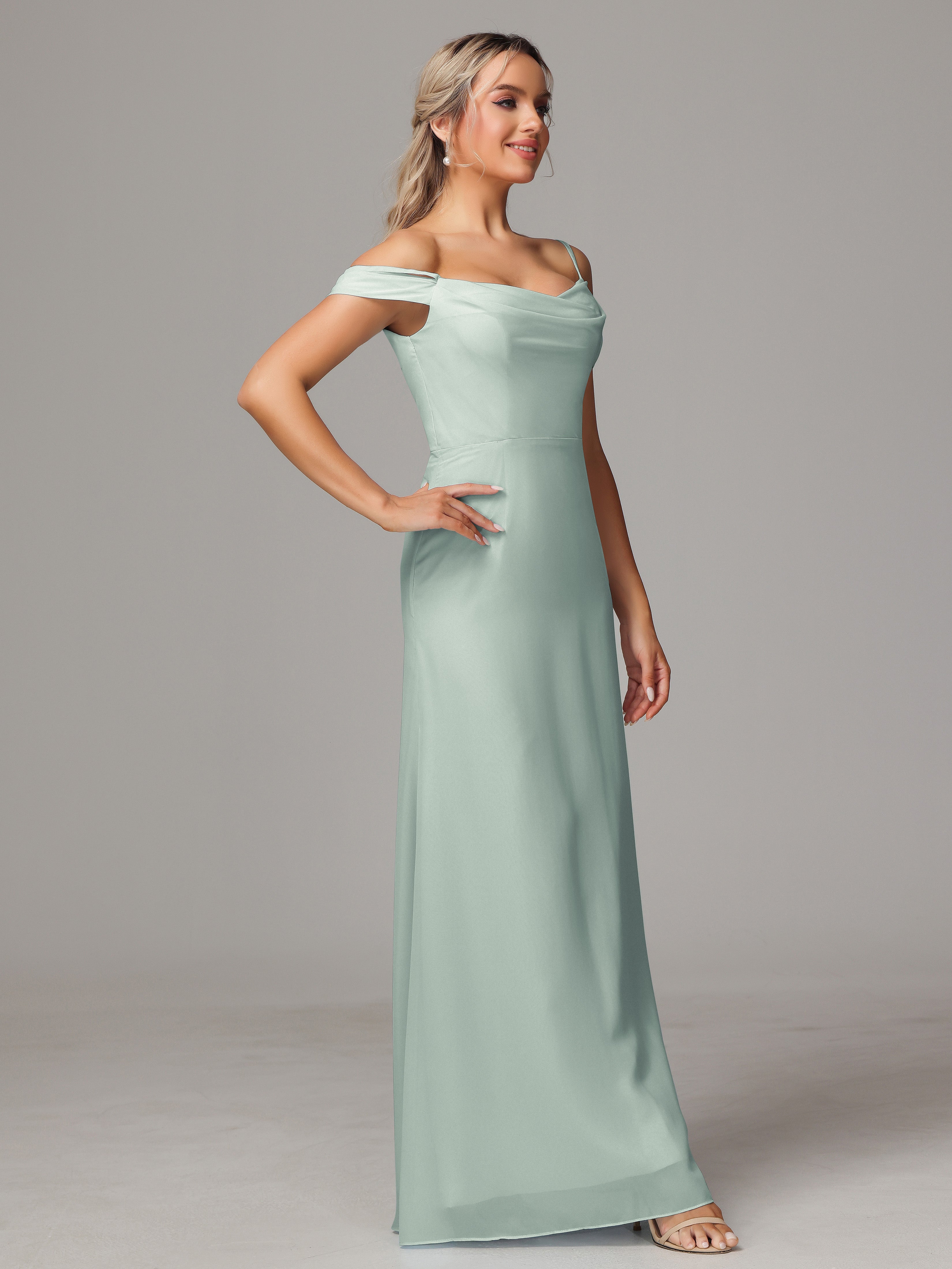 Spaghetti Straps Off The Shoulder Chiffon Bridesmaid Dress With Slit