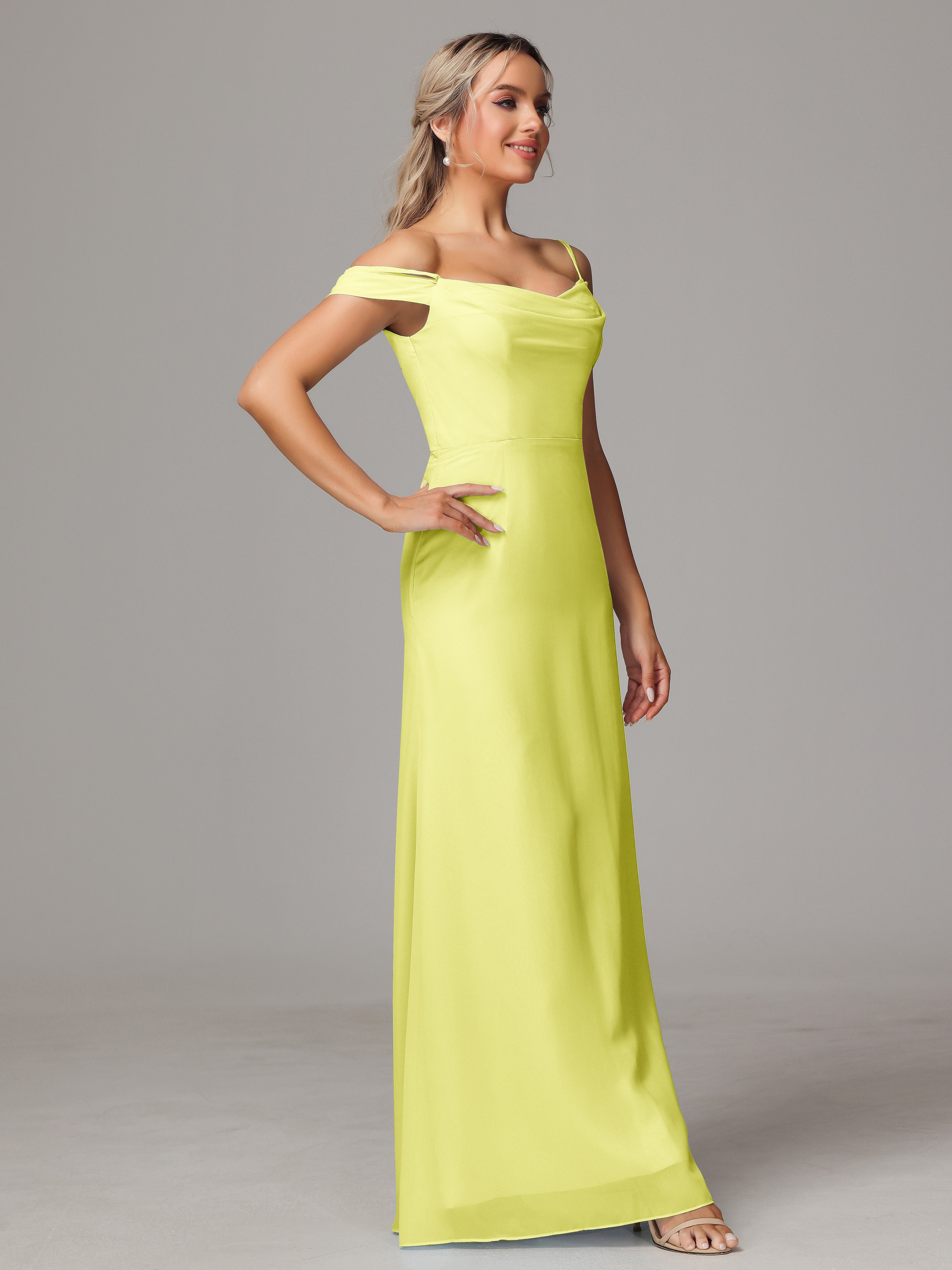 Spaghetti Straps Off The Shoulder Chiffon Bridesmaid Dress With Slit