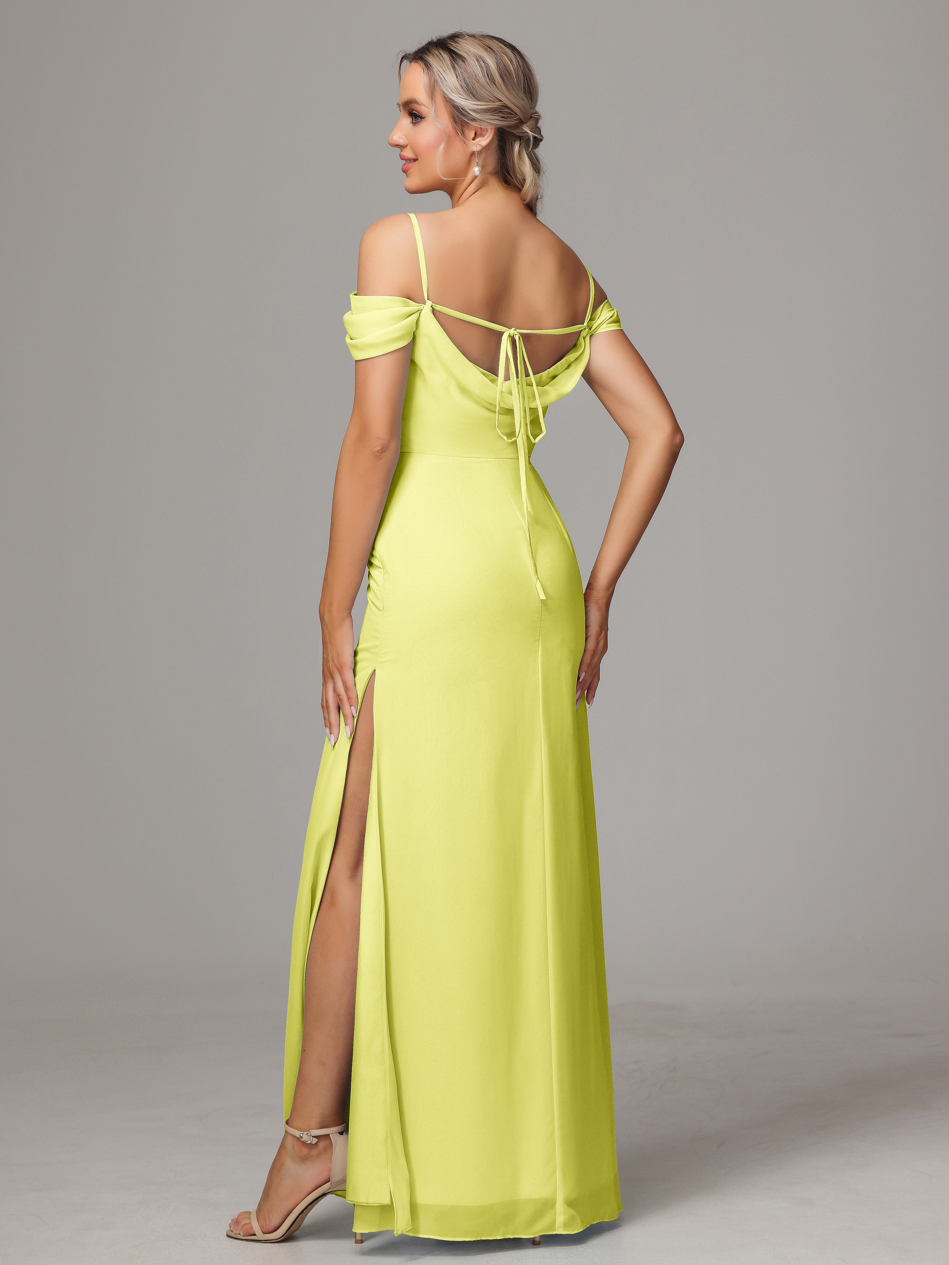 Spaghetti Straps Off The Shoulder Chiffon Bridesmaid Dress With Slit