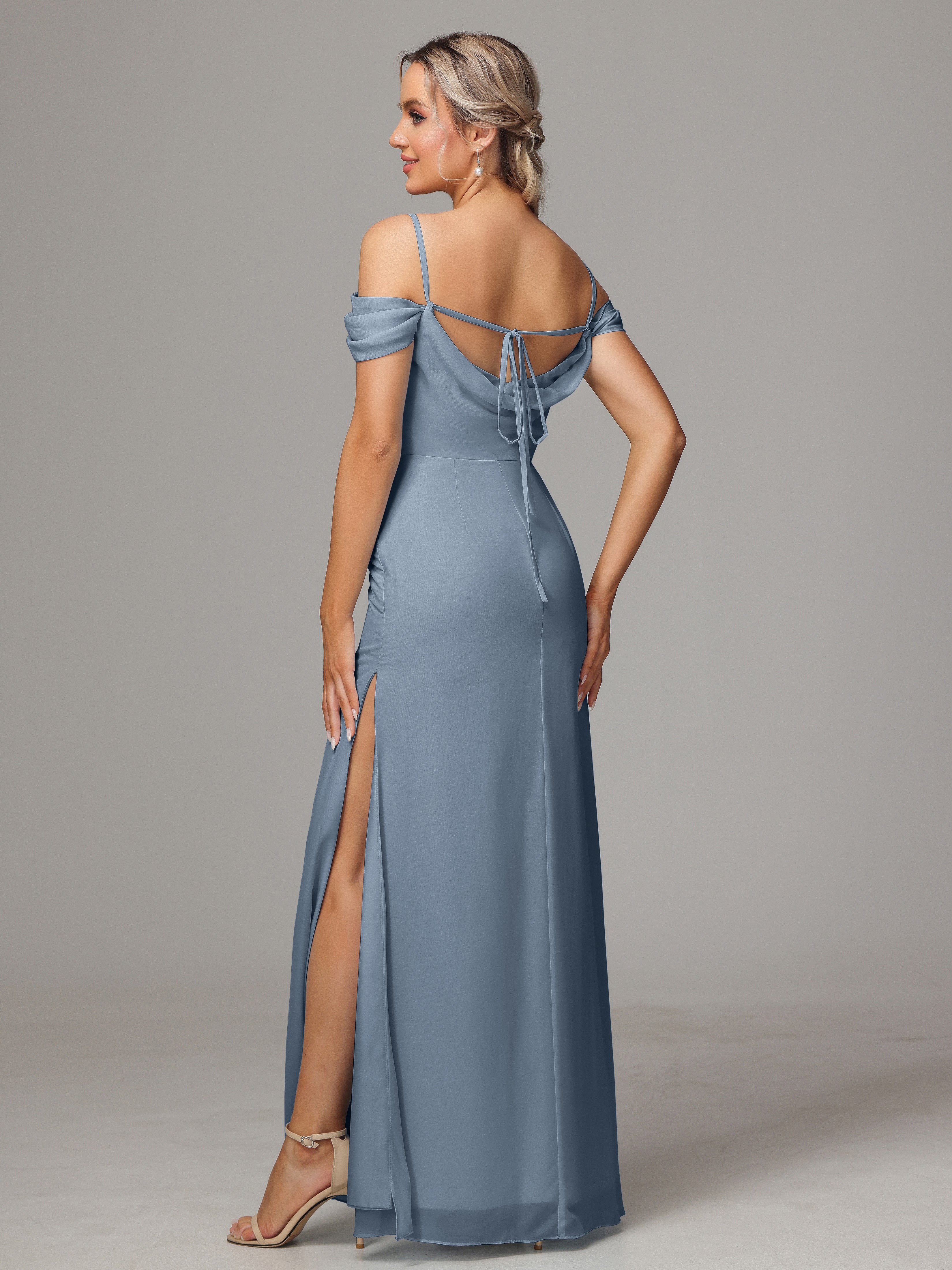 Spaghetti Straps Off The Shoulder Chiffon Bridesmaid Dress With Slit