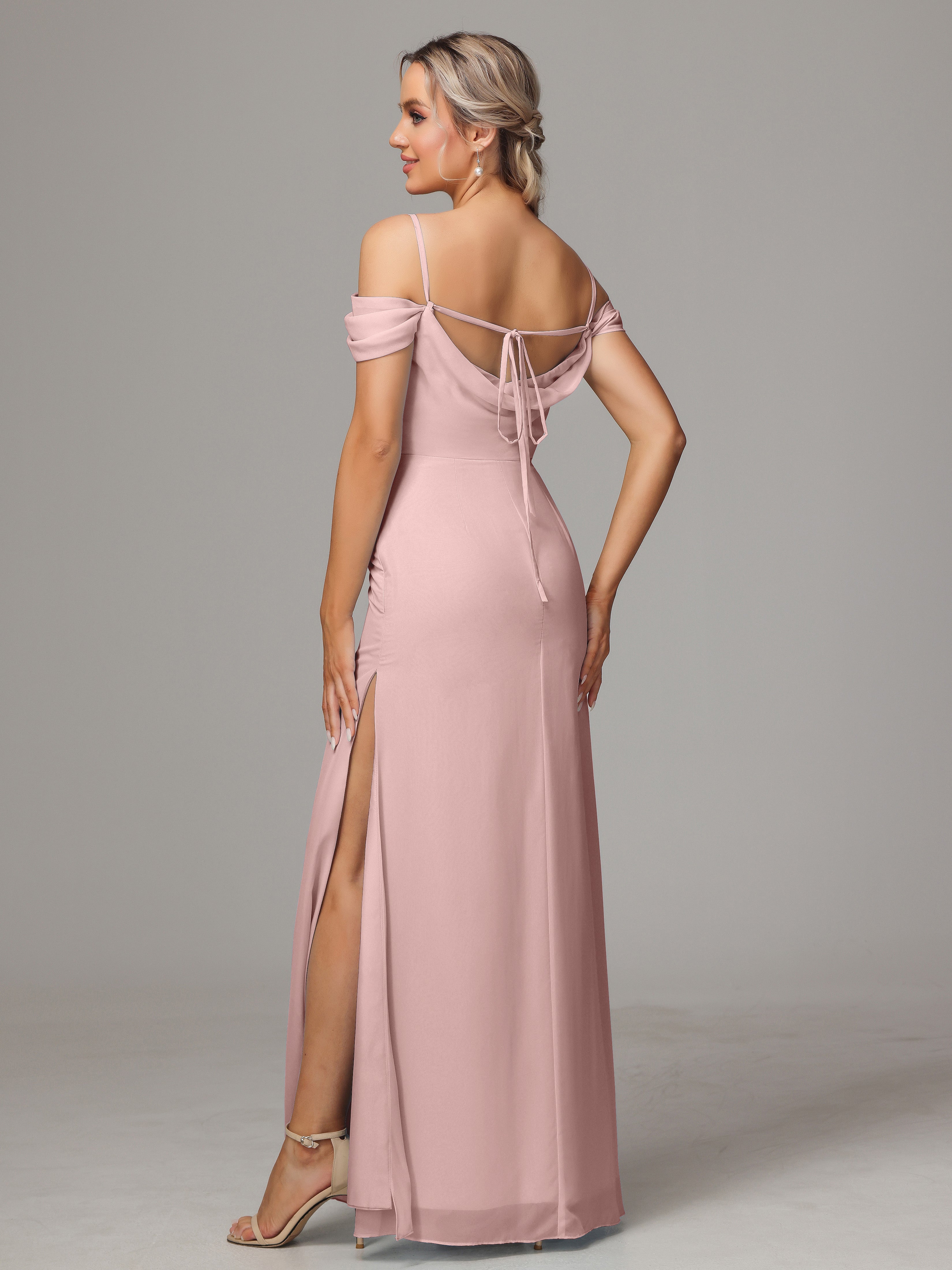 Spaghetti Straps Off The Shoulder Chiffon Bridesmaid Dress With Slit