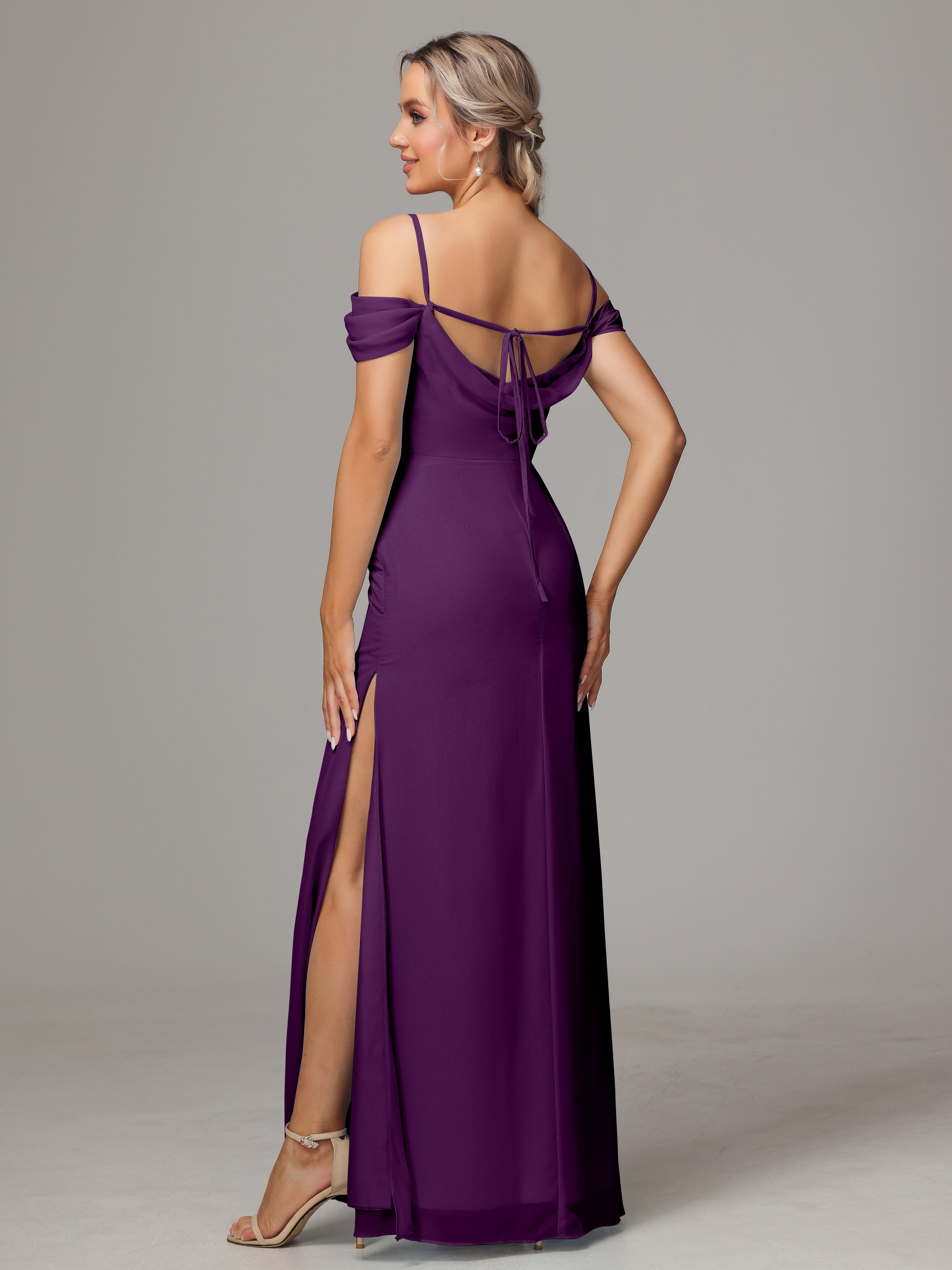 Spaghetti Straps Off The Shoulder Chiffon Bridesmaid Dress With Slit