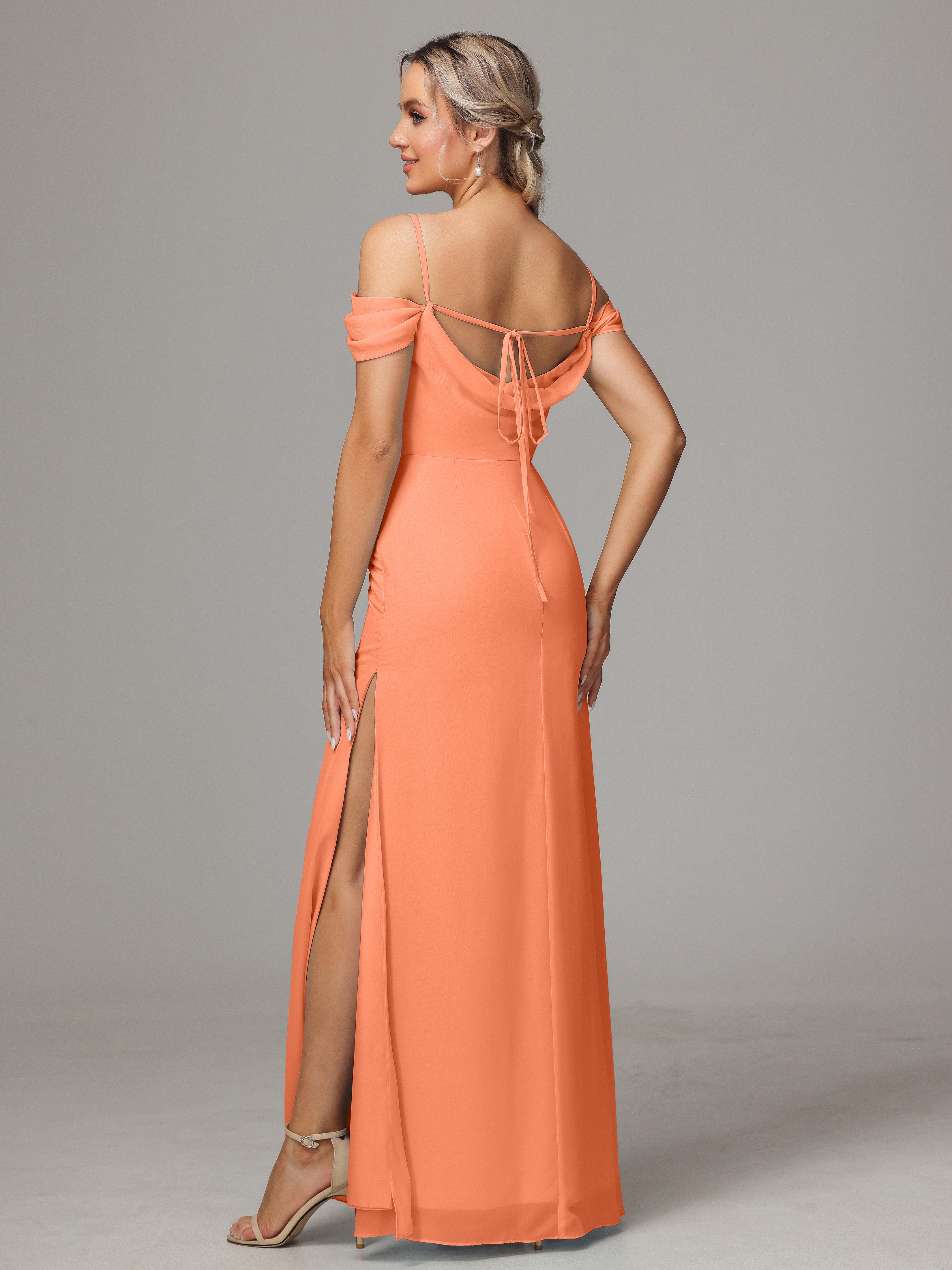 Spaghetti Straps Off The Shoulder Chiffon Bridesmaid Dress With Slit