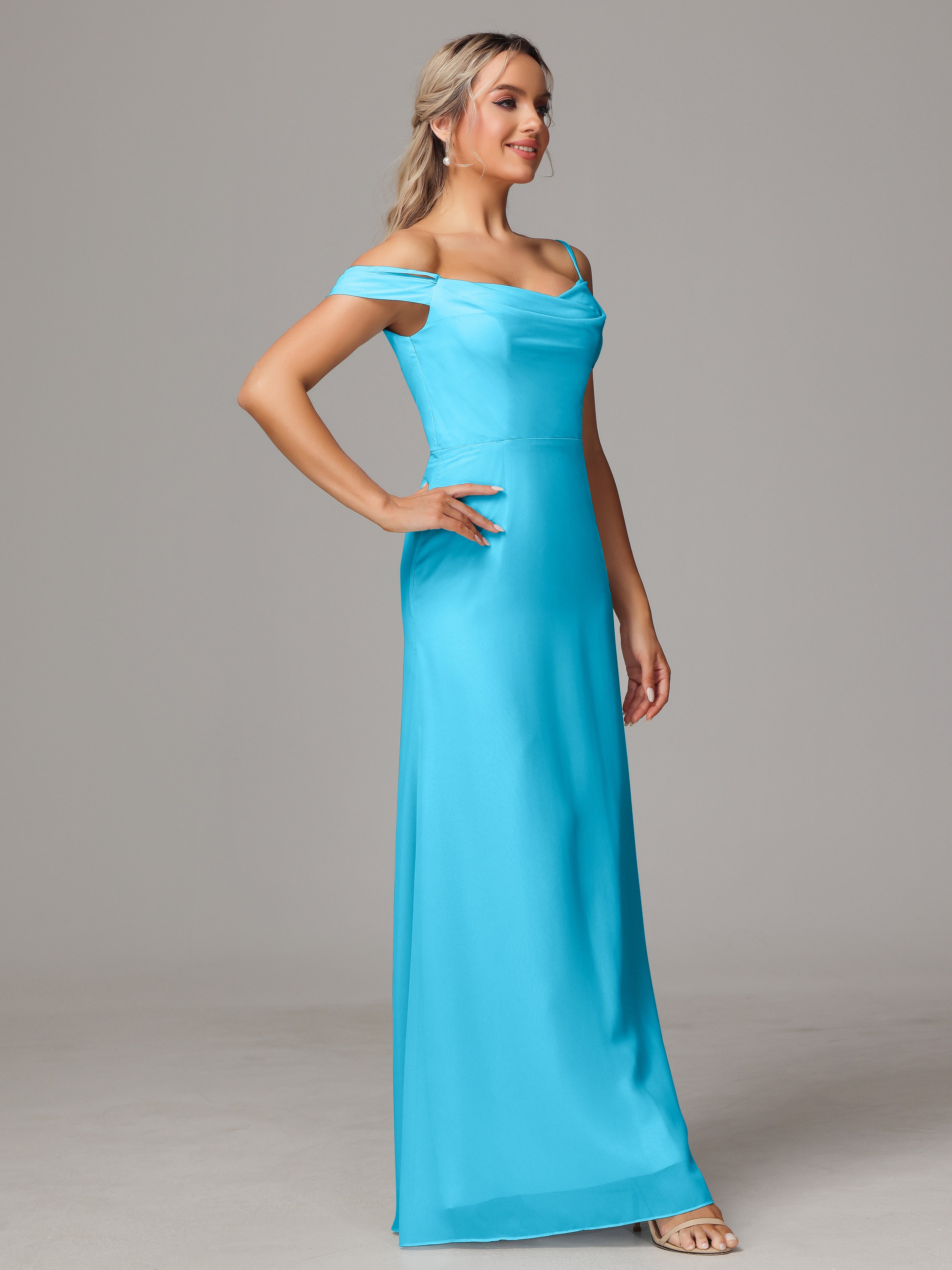 Spaghetti Straps Off The Shoulder Chiffon Bridesmaid Dress With Slit