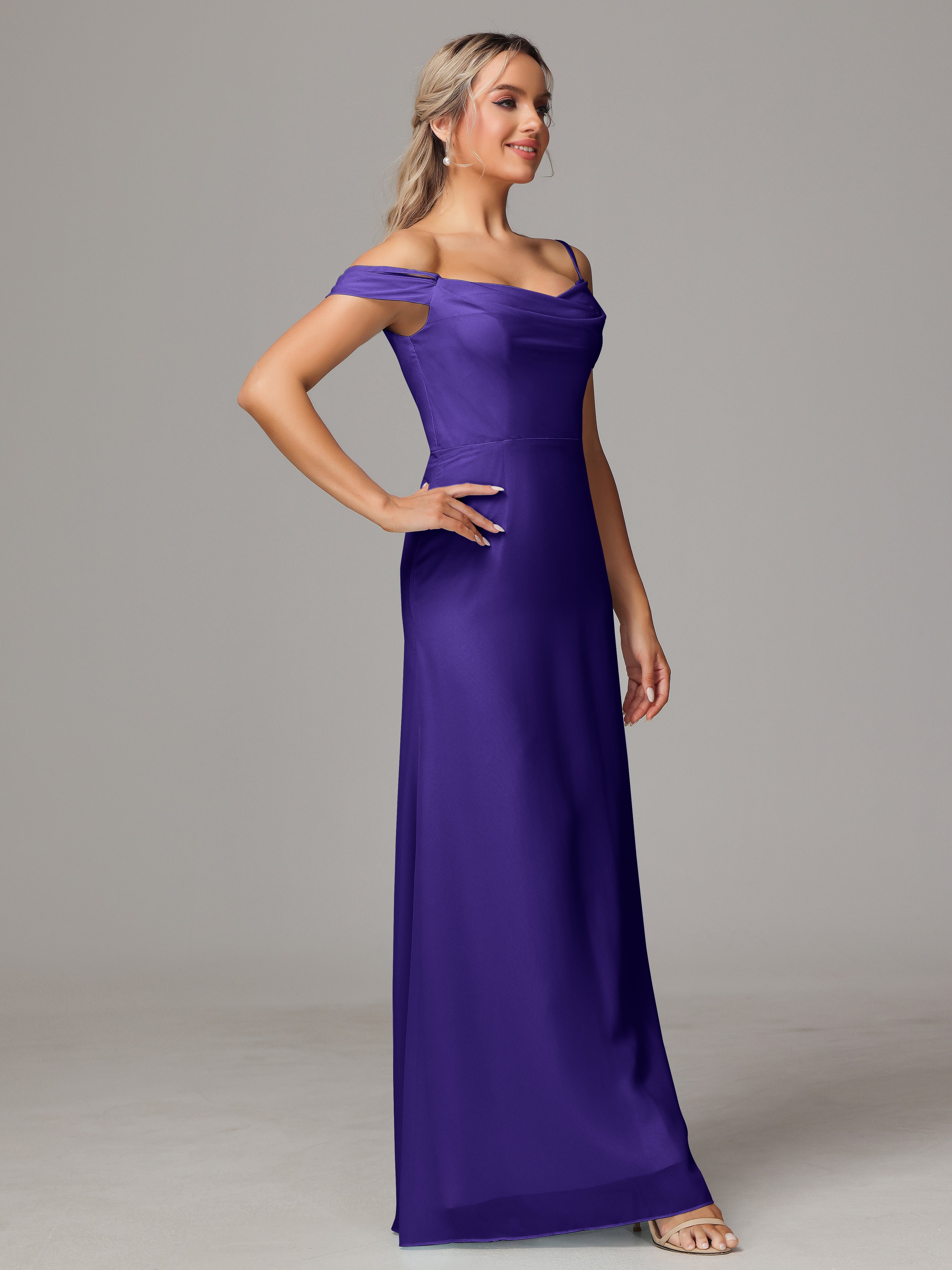 Spaghetti Straps Off The Shoulder Chiffon Bridesmaid Dress With Slit