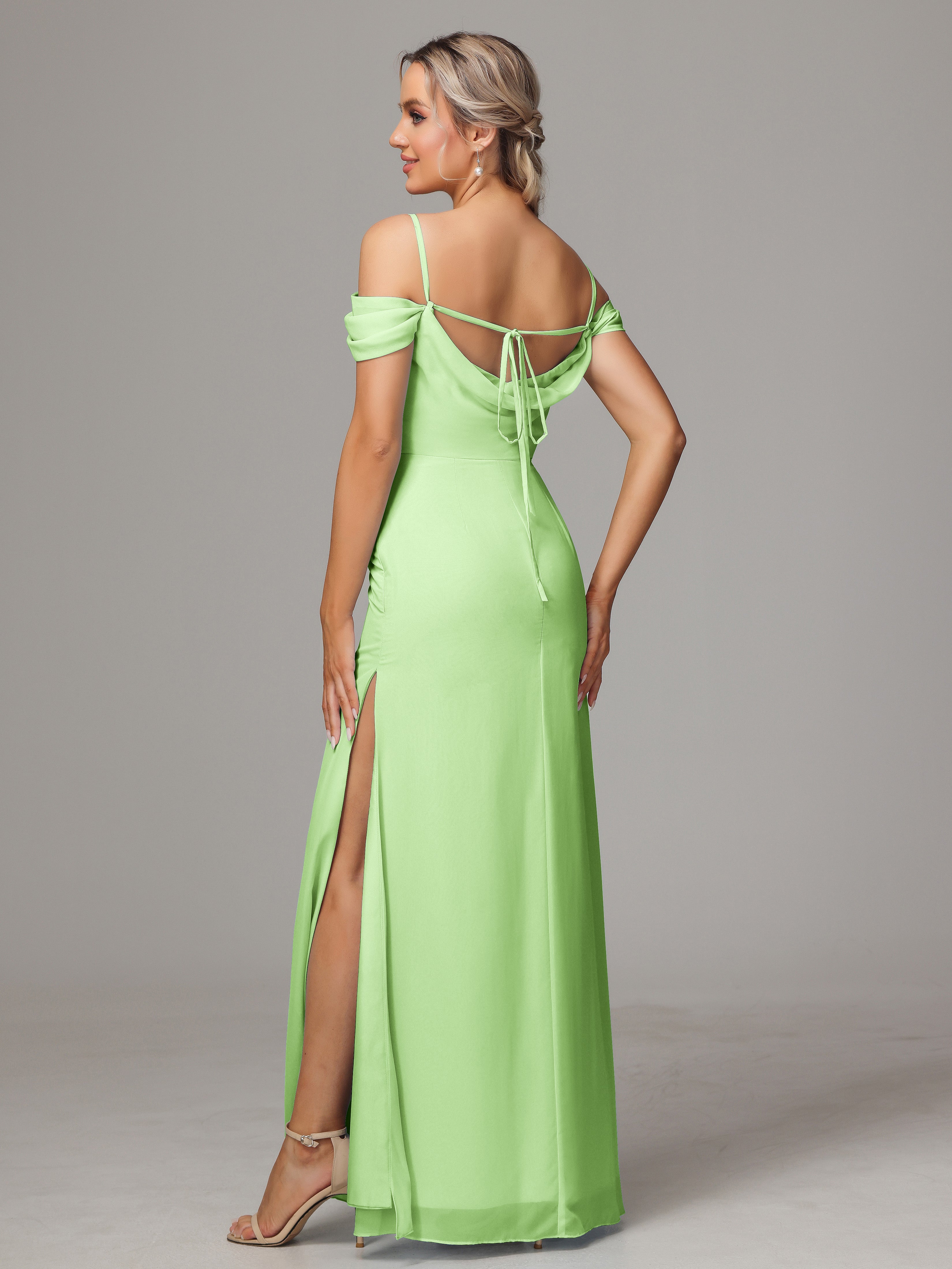 Spaghetti Straps Off The Shoulder Chiffon Bridesmaid Dress With Slit