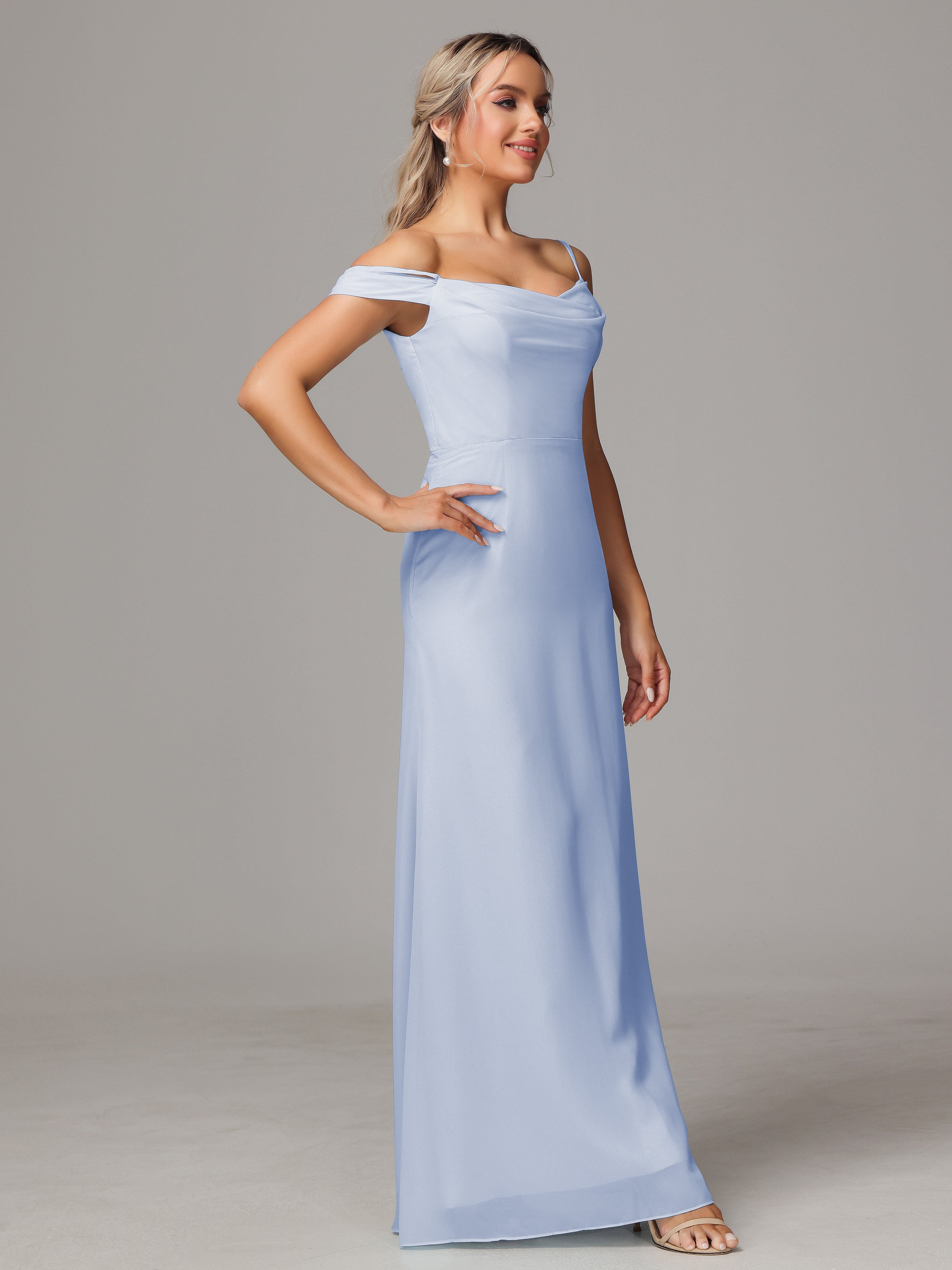 Spaghetti Straps Off The Shoulder Chiffon Bridesmaid Dress With Slit