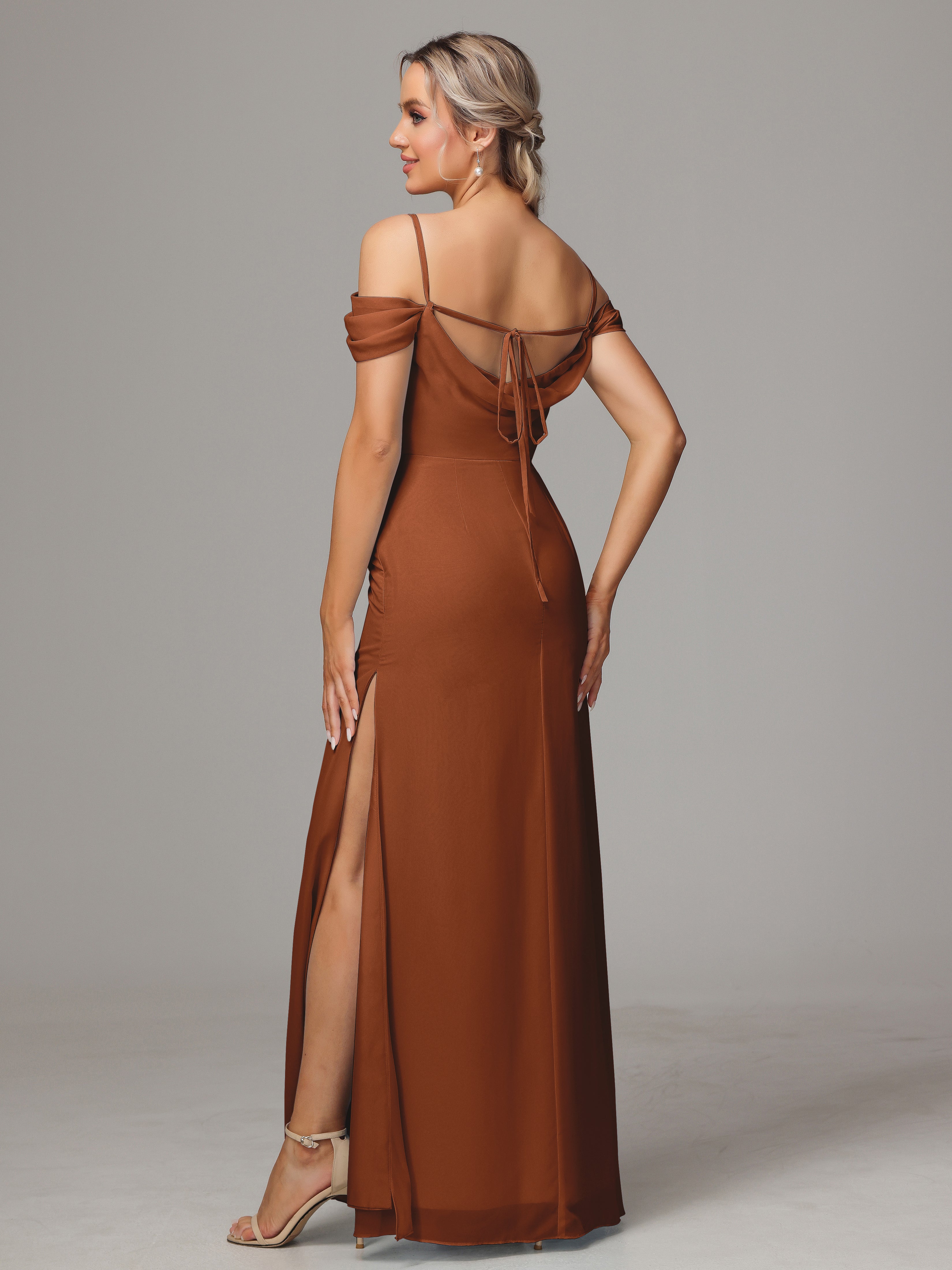 Spaghetti Straps Off The Shoulder Chiffon Bridesmaid Dress With Slit