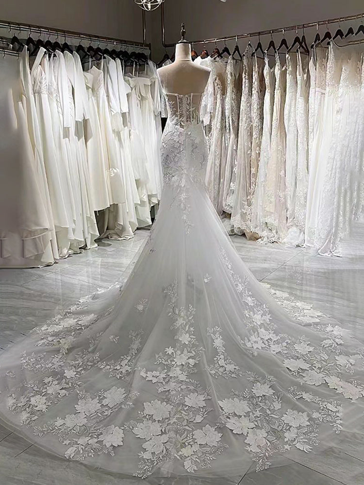 Mermaid Sweetheart Lace Appliques Wedding Dress With Train