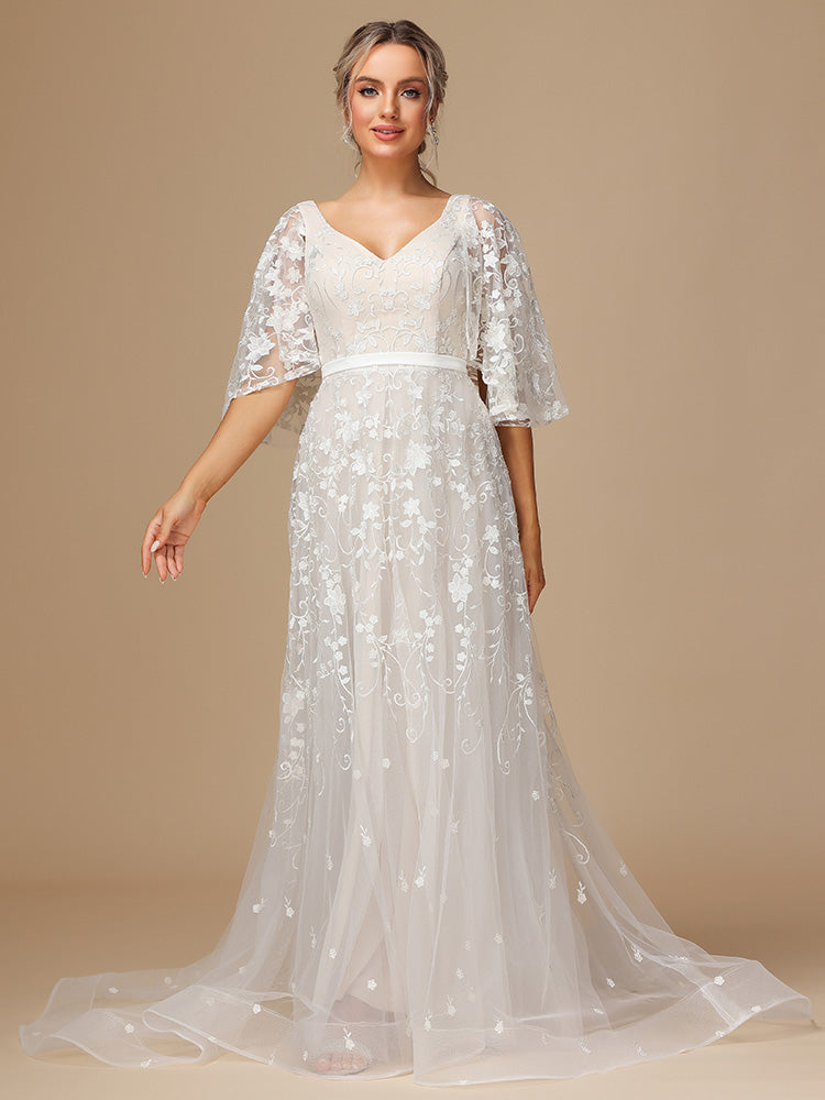 Short Sleeves V Neck Backless Lace Wedding Dress