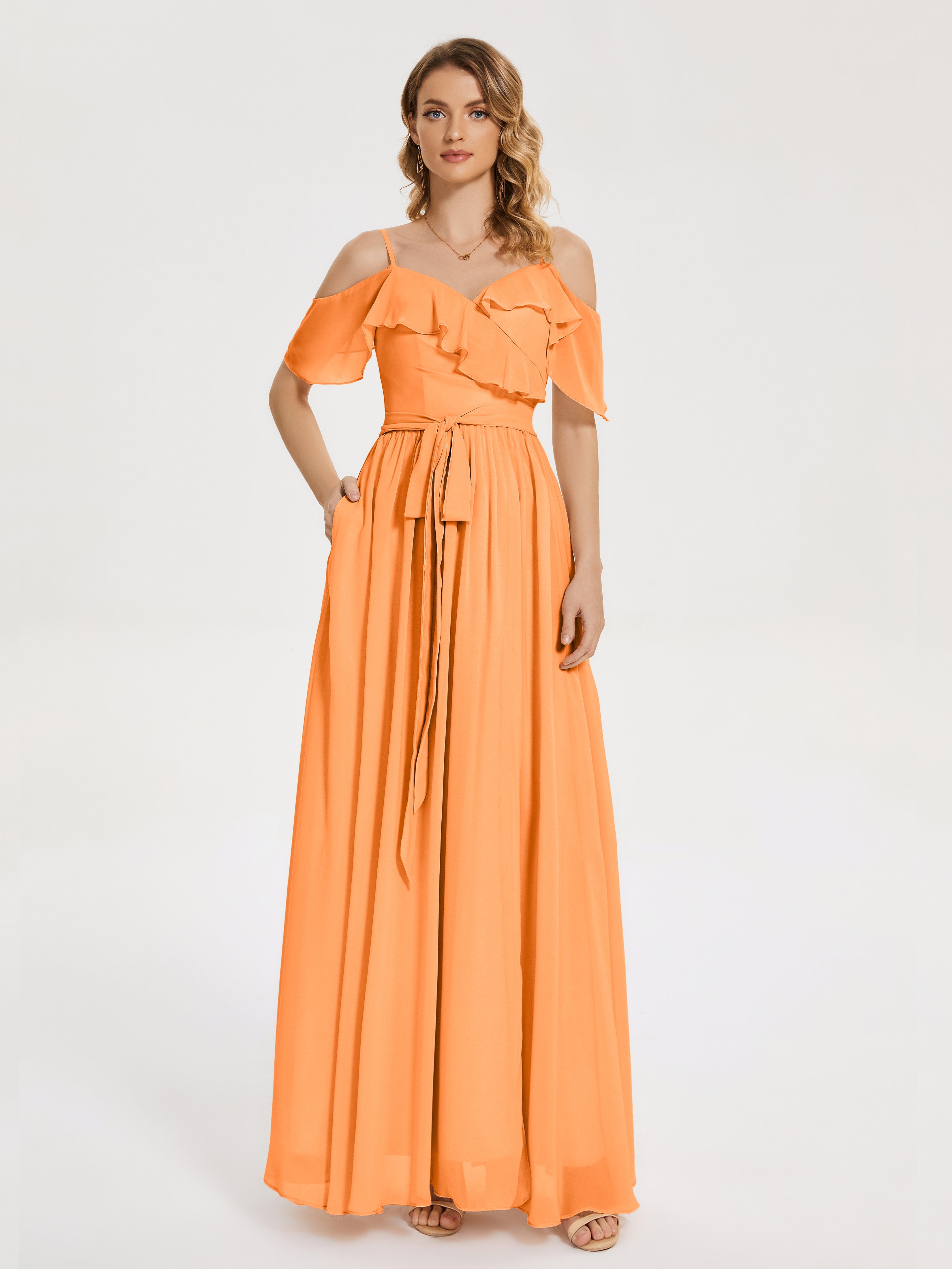 Thea Off the Shoulder Slit Chiffon Bridesmaid Dress