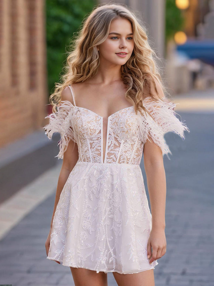 Off-the-shoulder A Line Appliques Homecoming Dresses with Feathers