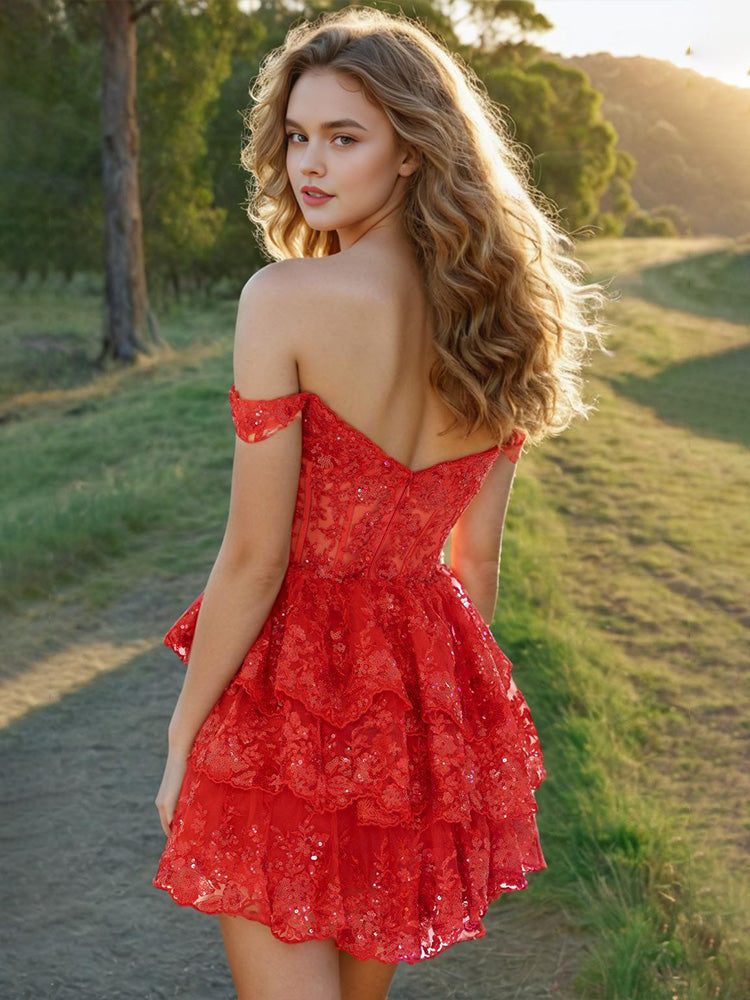 Off-the-shoulder A Line Lace Appliques Layered Homecoming Dresses