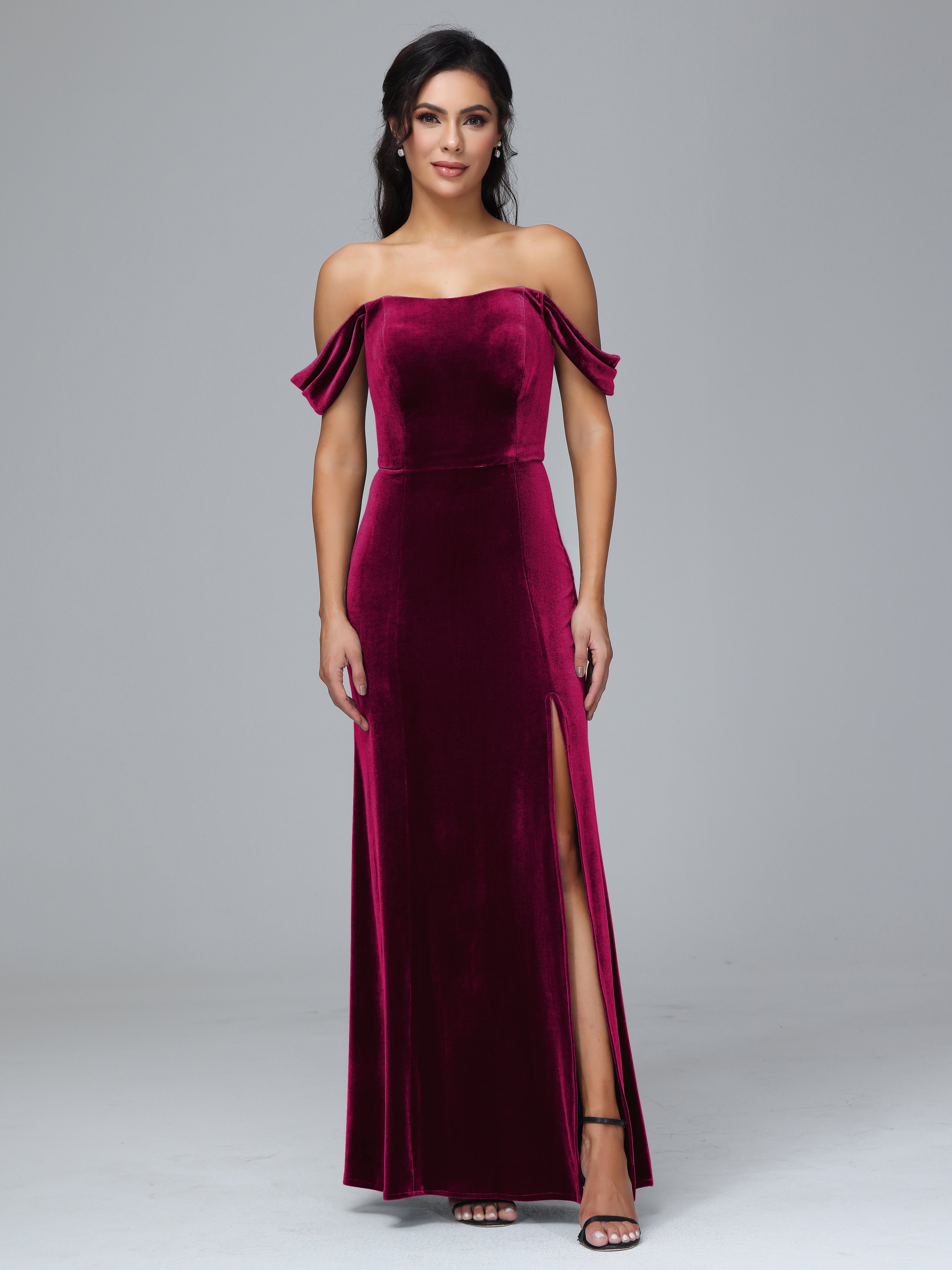 Off Shoulder Plus Size Velvet Bridesmaid Dress With Slit