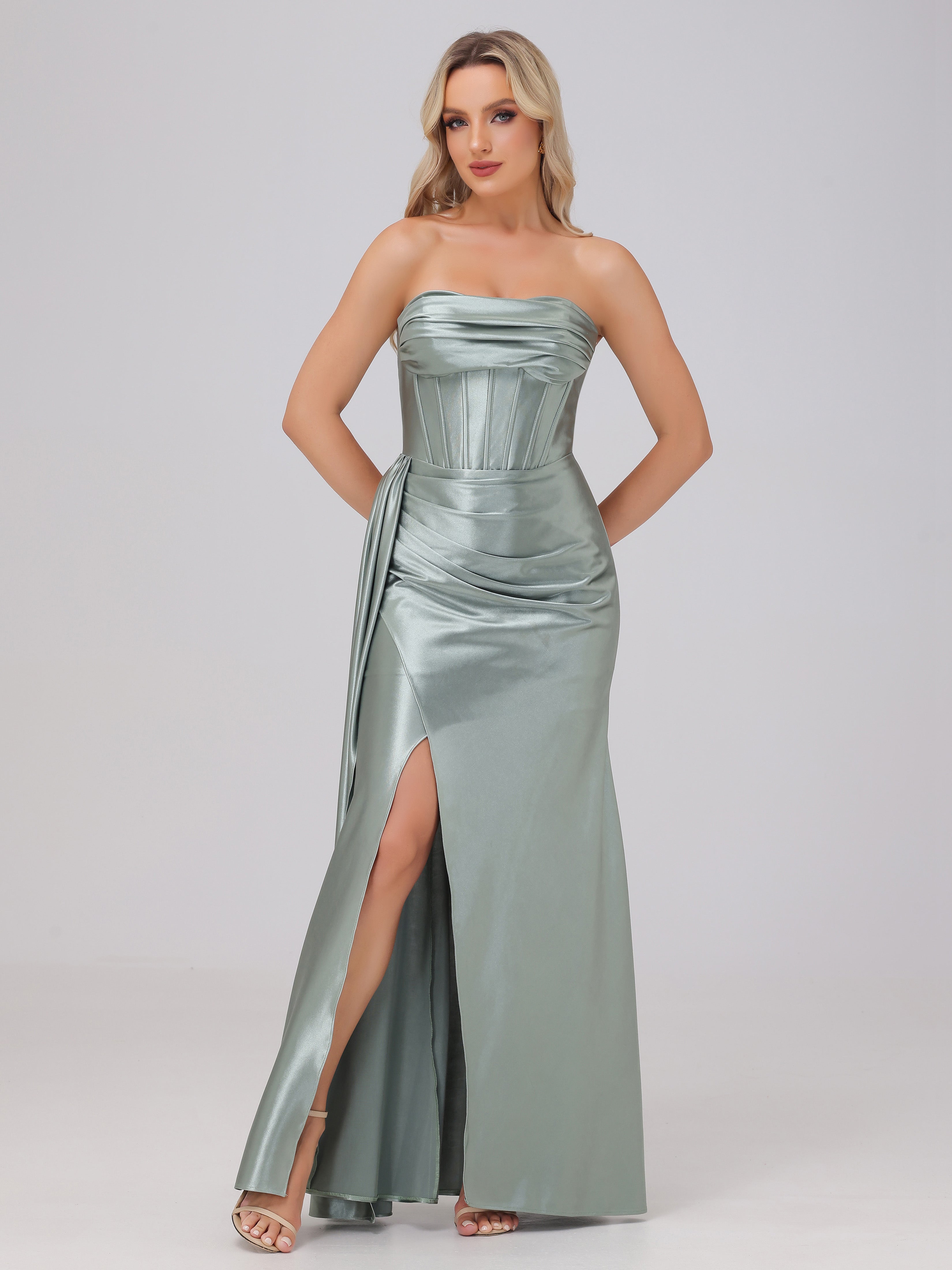 Off the Shoulder Straps Bodice Zip Back Bridesmaid Dresses with Slit