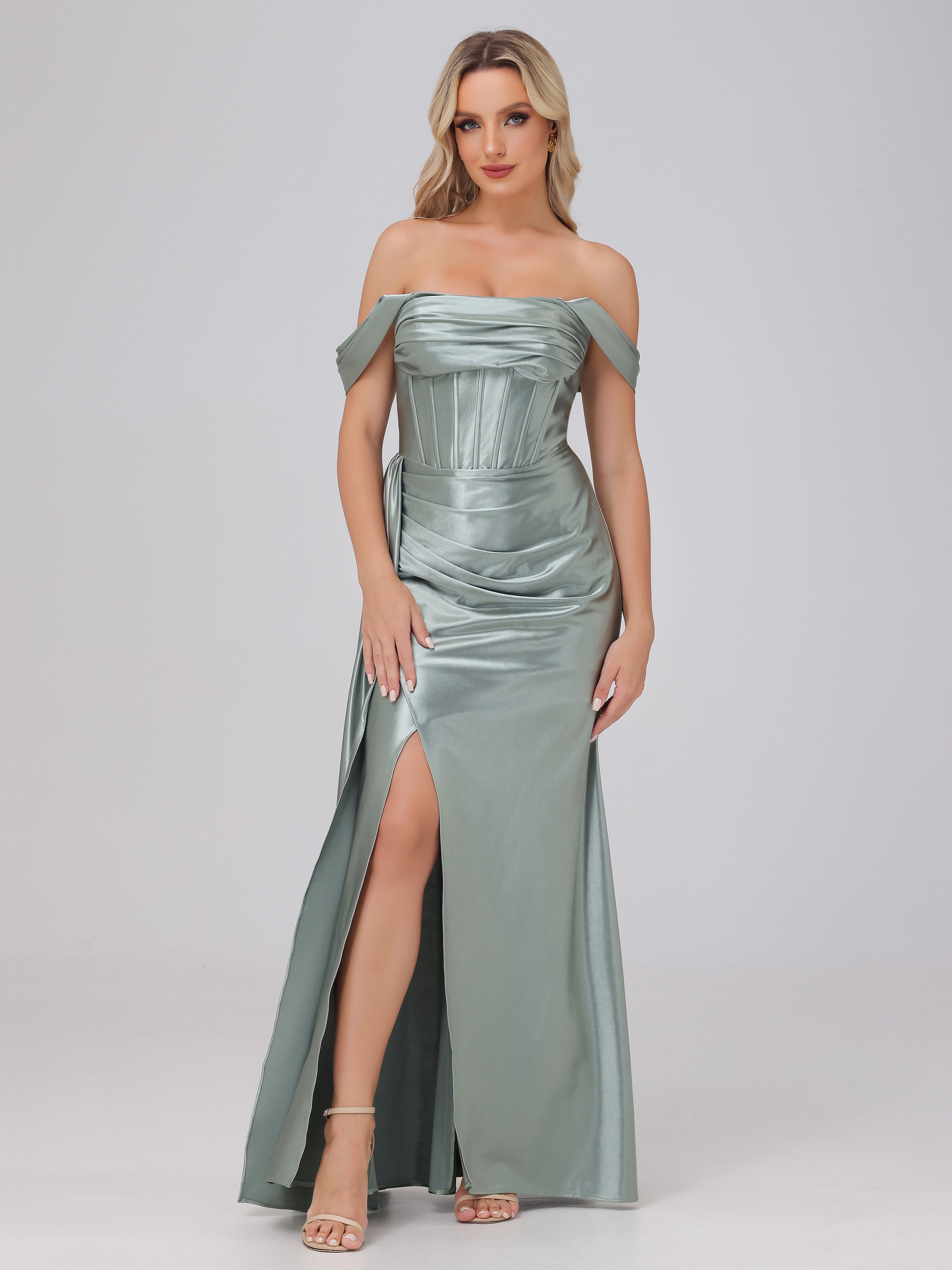 Off the Shoulder Straps Bodice Zip Back Bridesmaid Dresses with Slit