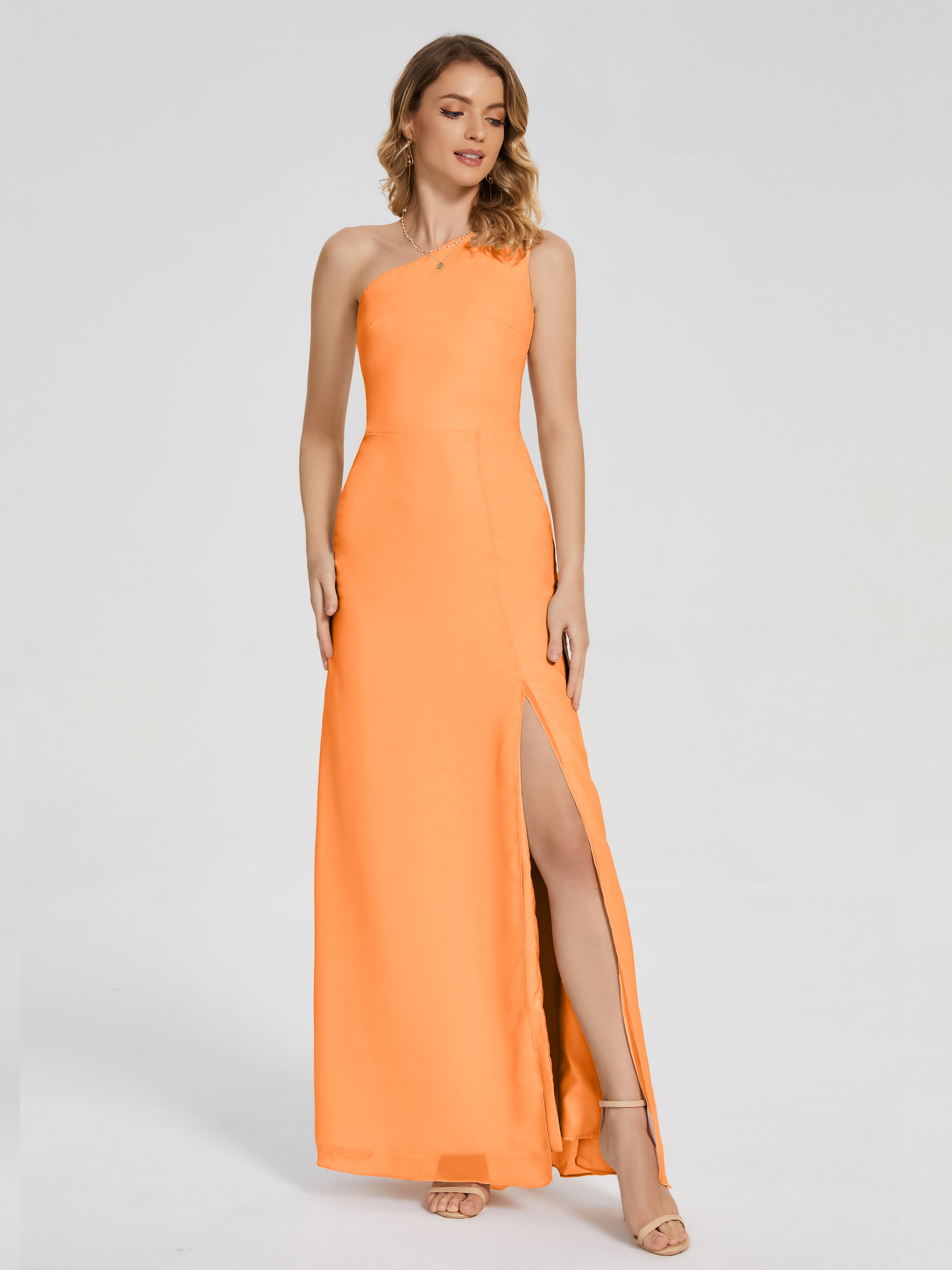 One Shoulder Column Slit Wedding Guest Dress