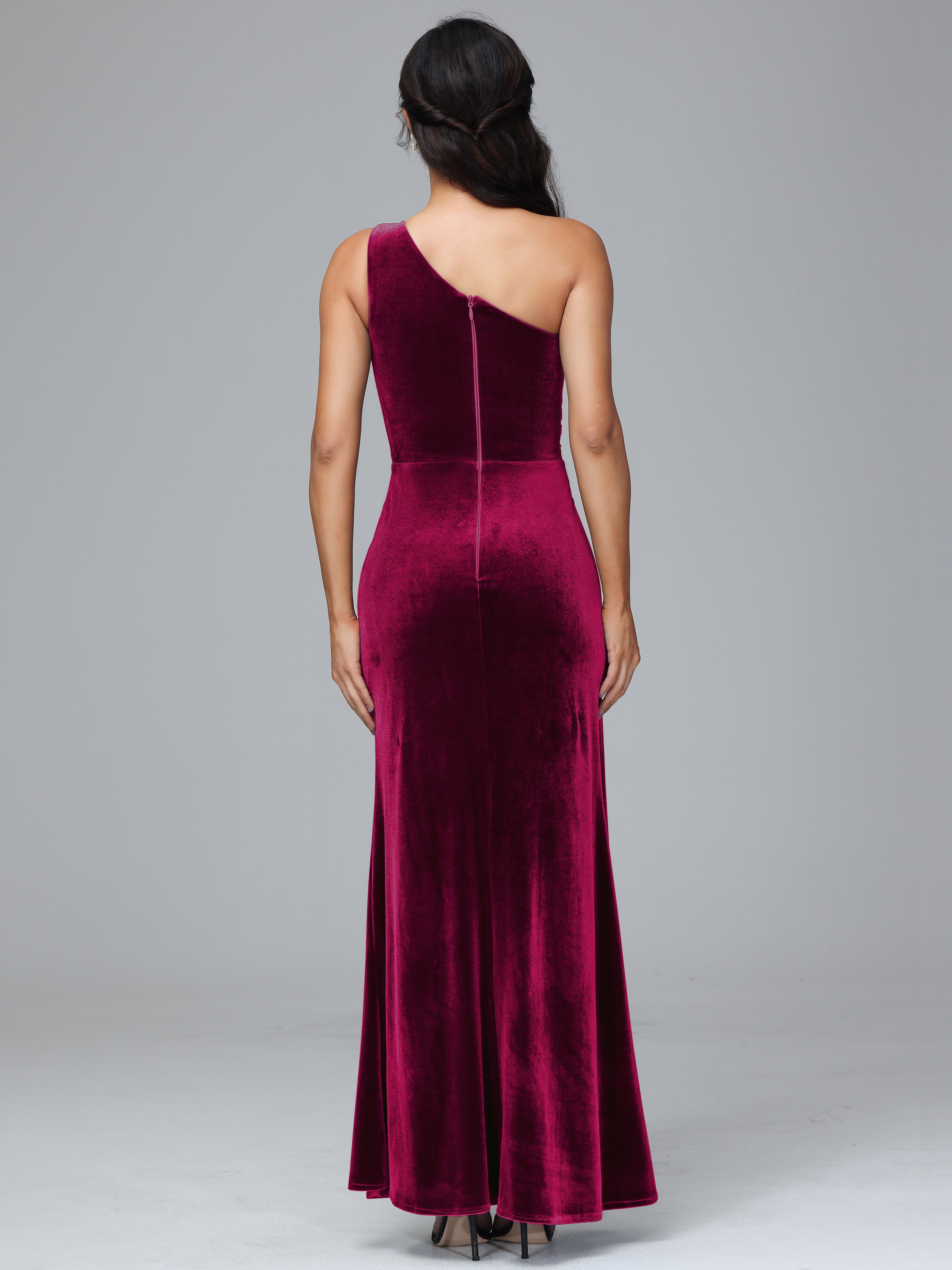 One Shoulder With Slit Plus Size Velvet Bridesmaid Dress