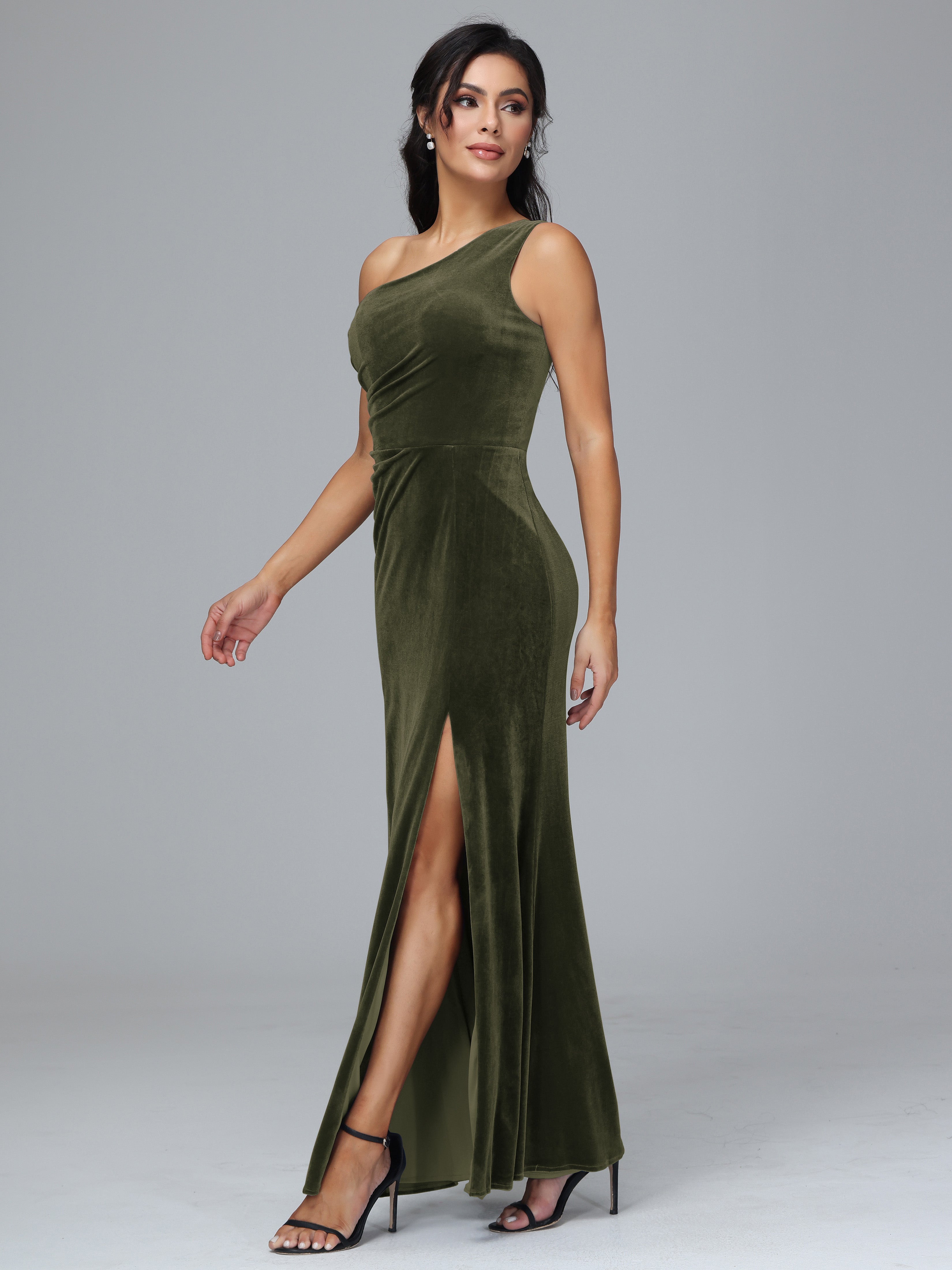 One Shoulder With Slit Plus Size Velvet Bridesmaid Dress