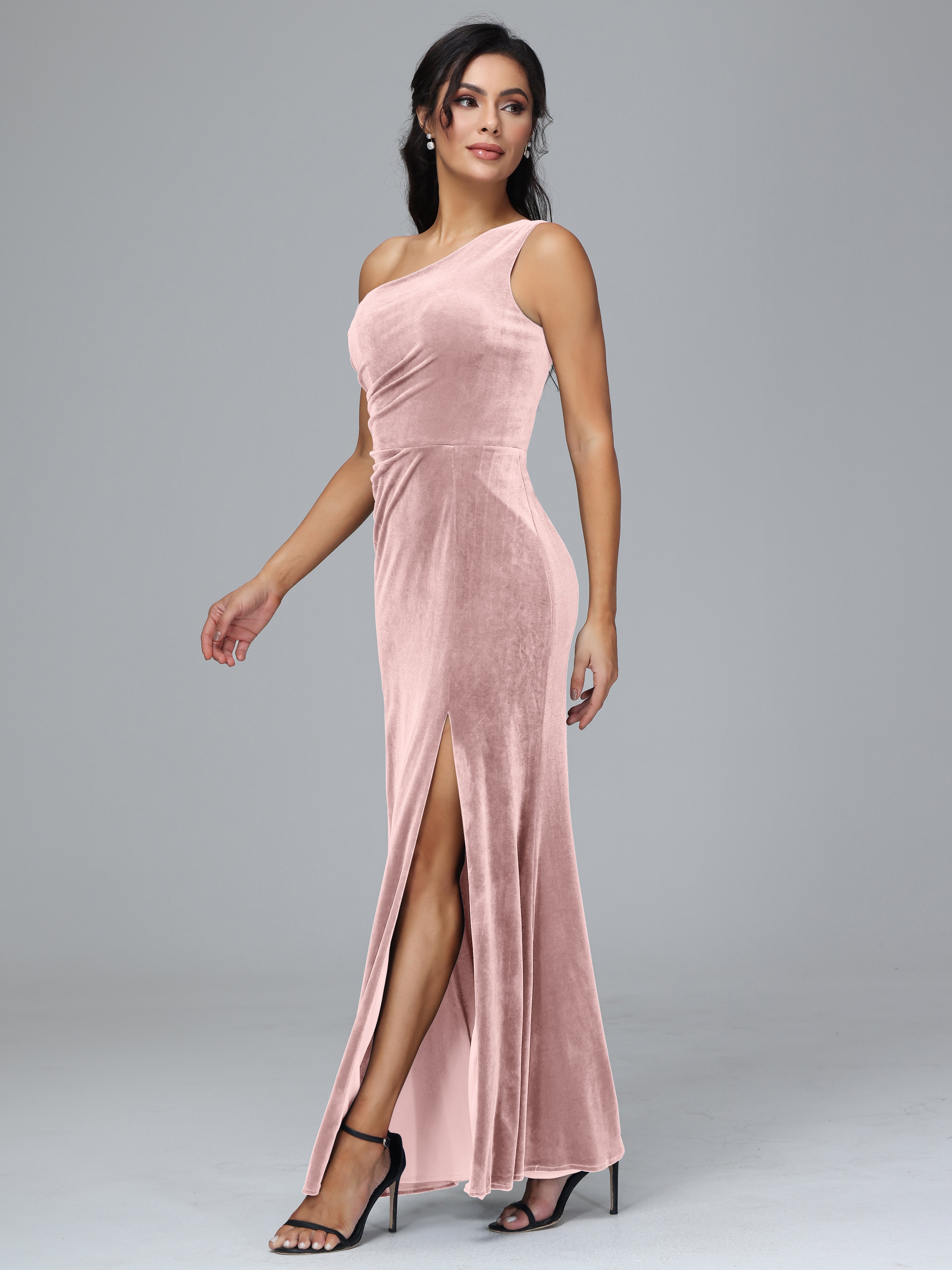 One Shoulder With Slit Plus Size Velvet Bridesmaid Dress