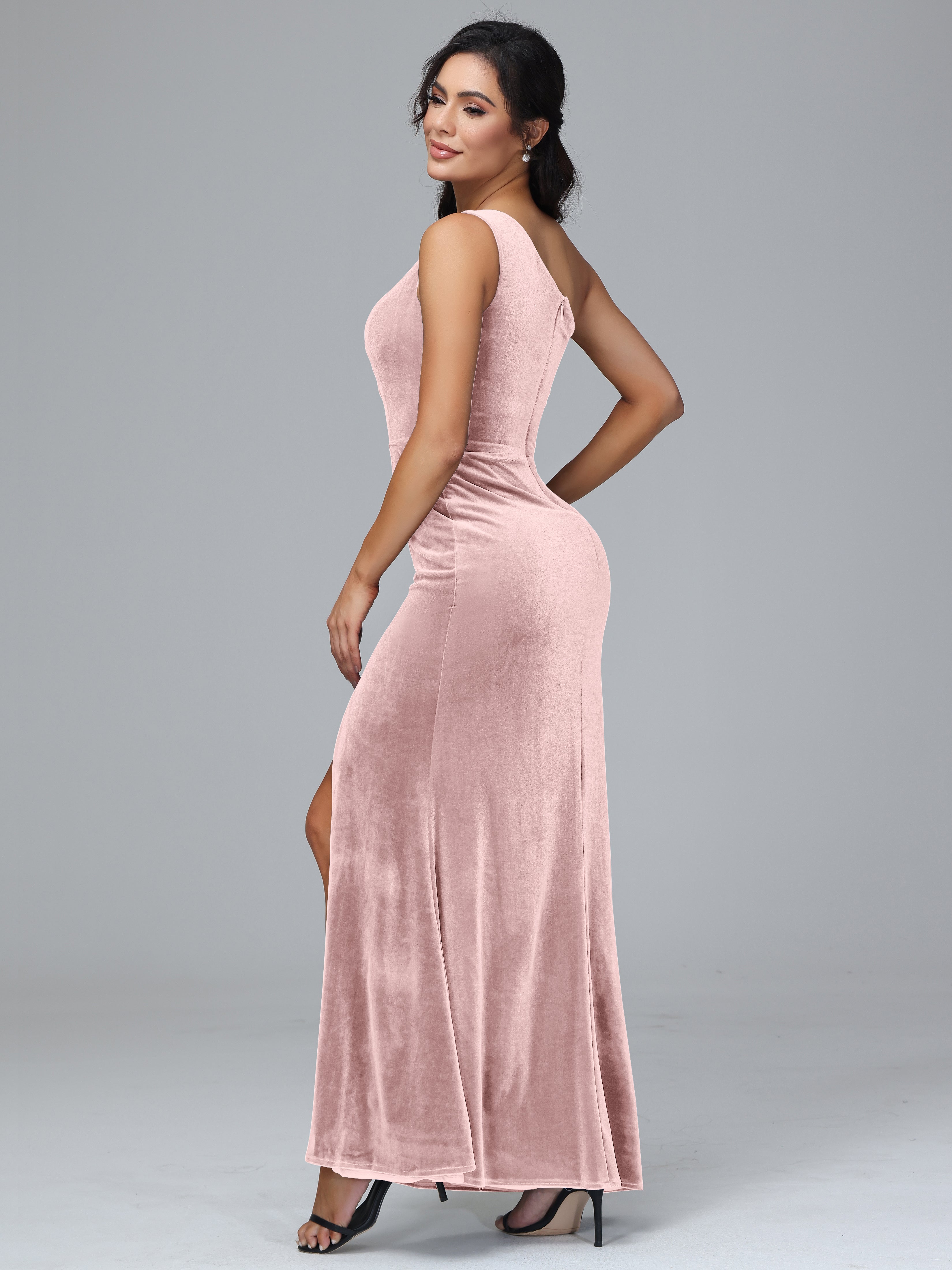 One Shoulder With Slit Plus Size Velvet Bridesmaid Dress