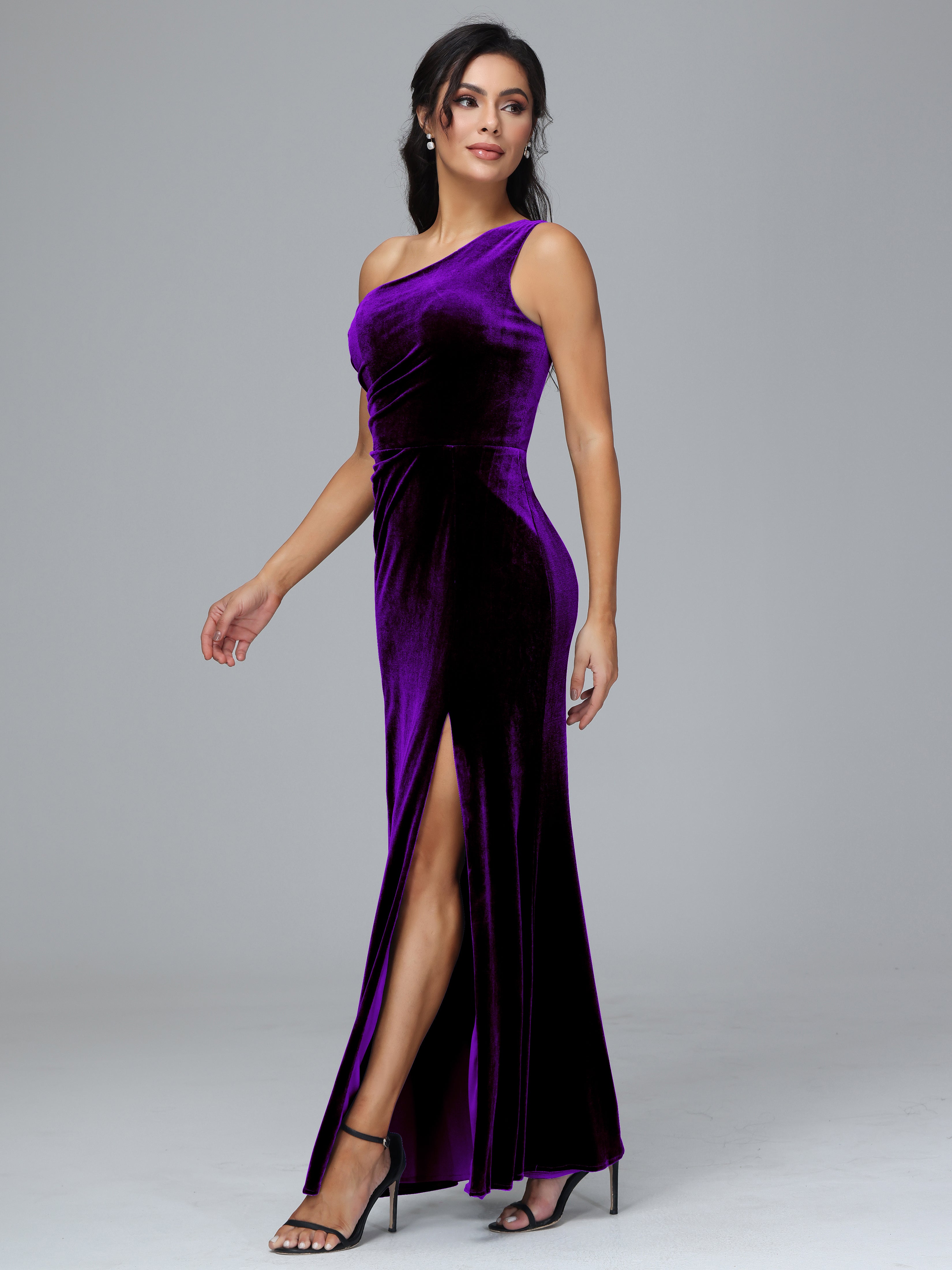 One Shoulder With Slit Plus Size Velvet Bridesmaid Dress