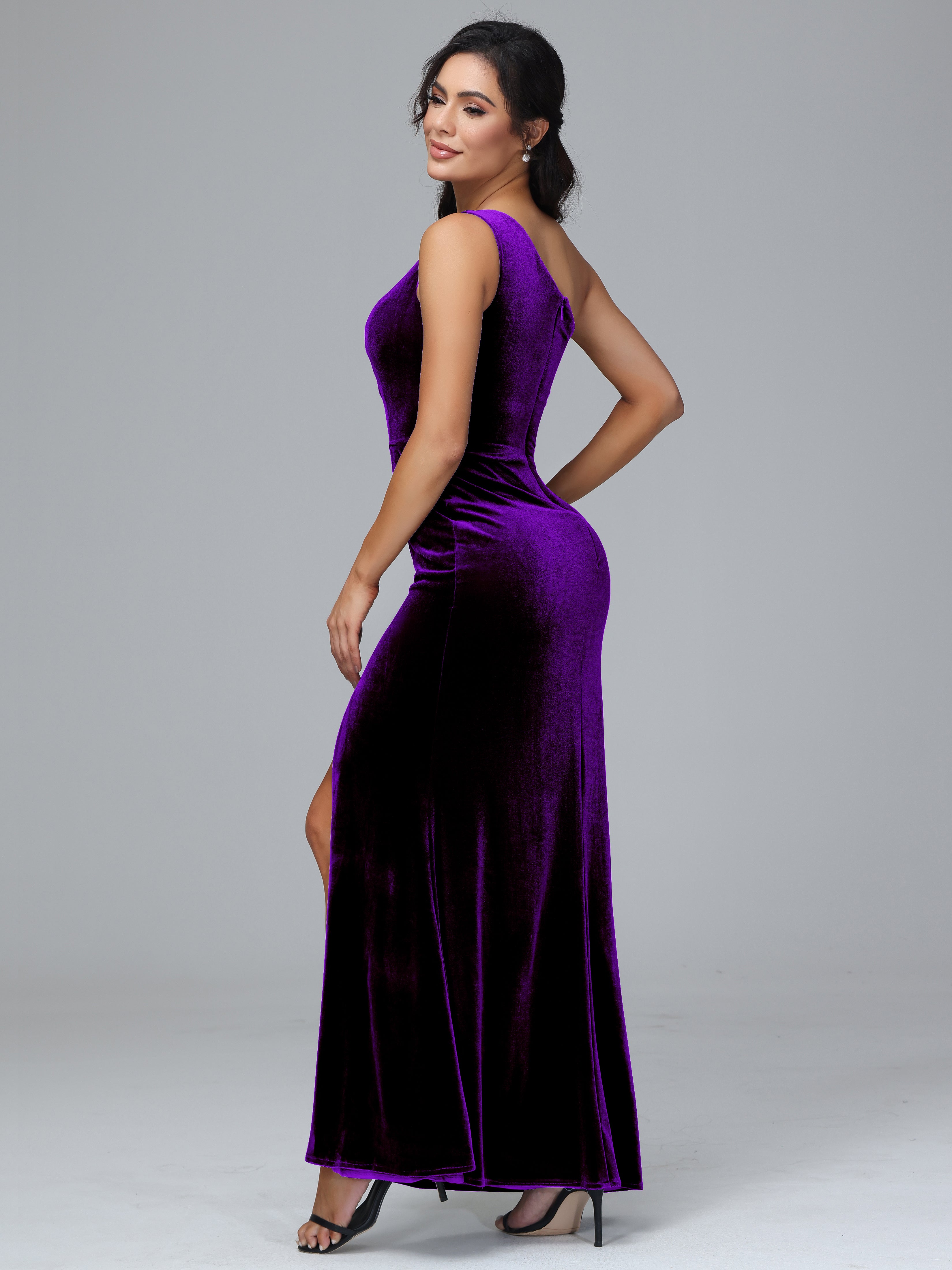 One Shoulder With Slit Plus Size Velvet Bridesmaid Dress