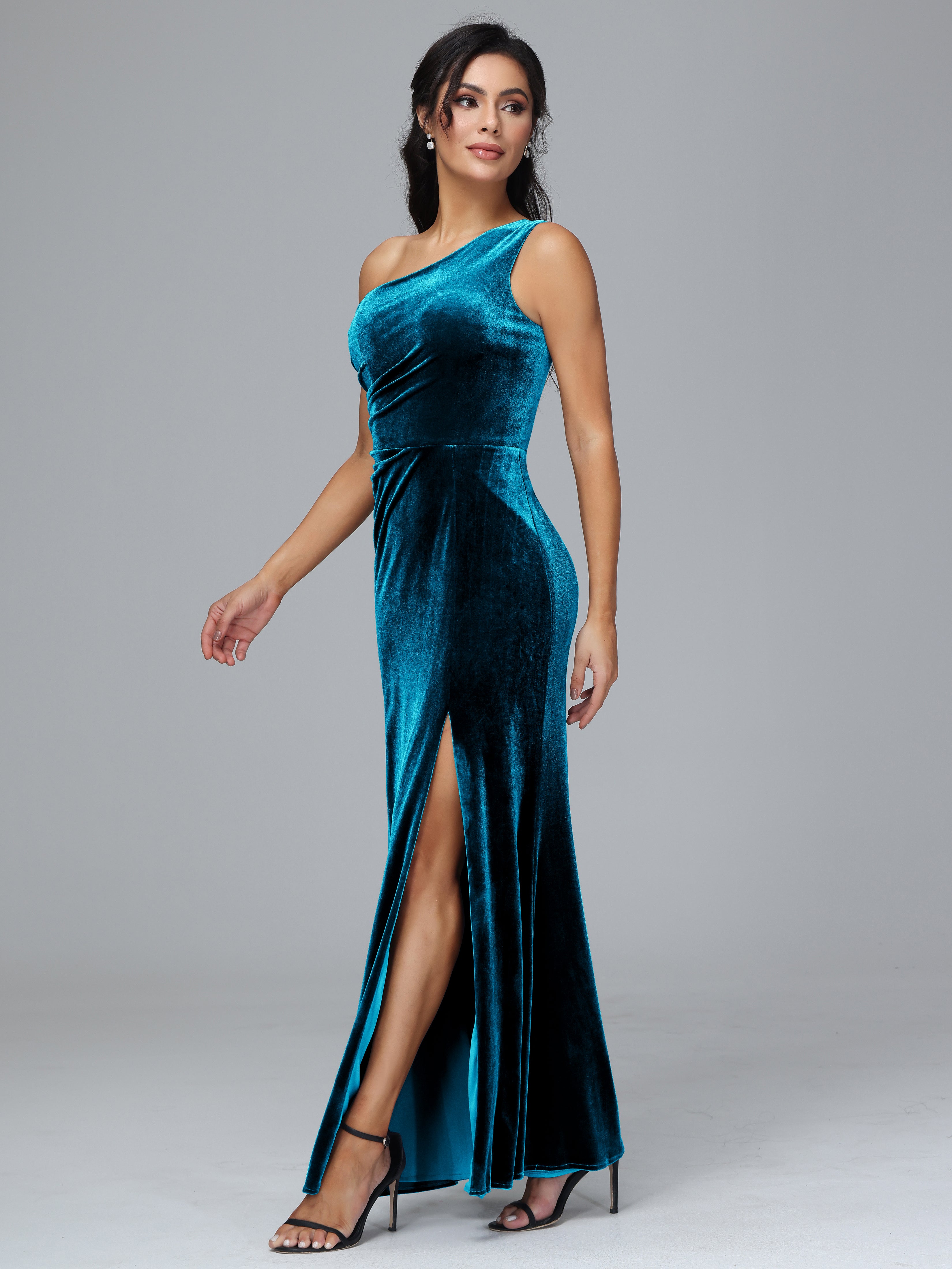 One Shoulder With Slit Plus Size Velvet Bridesmaid Dress