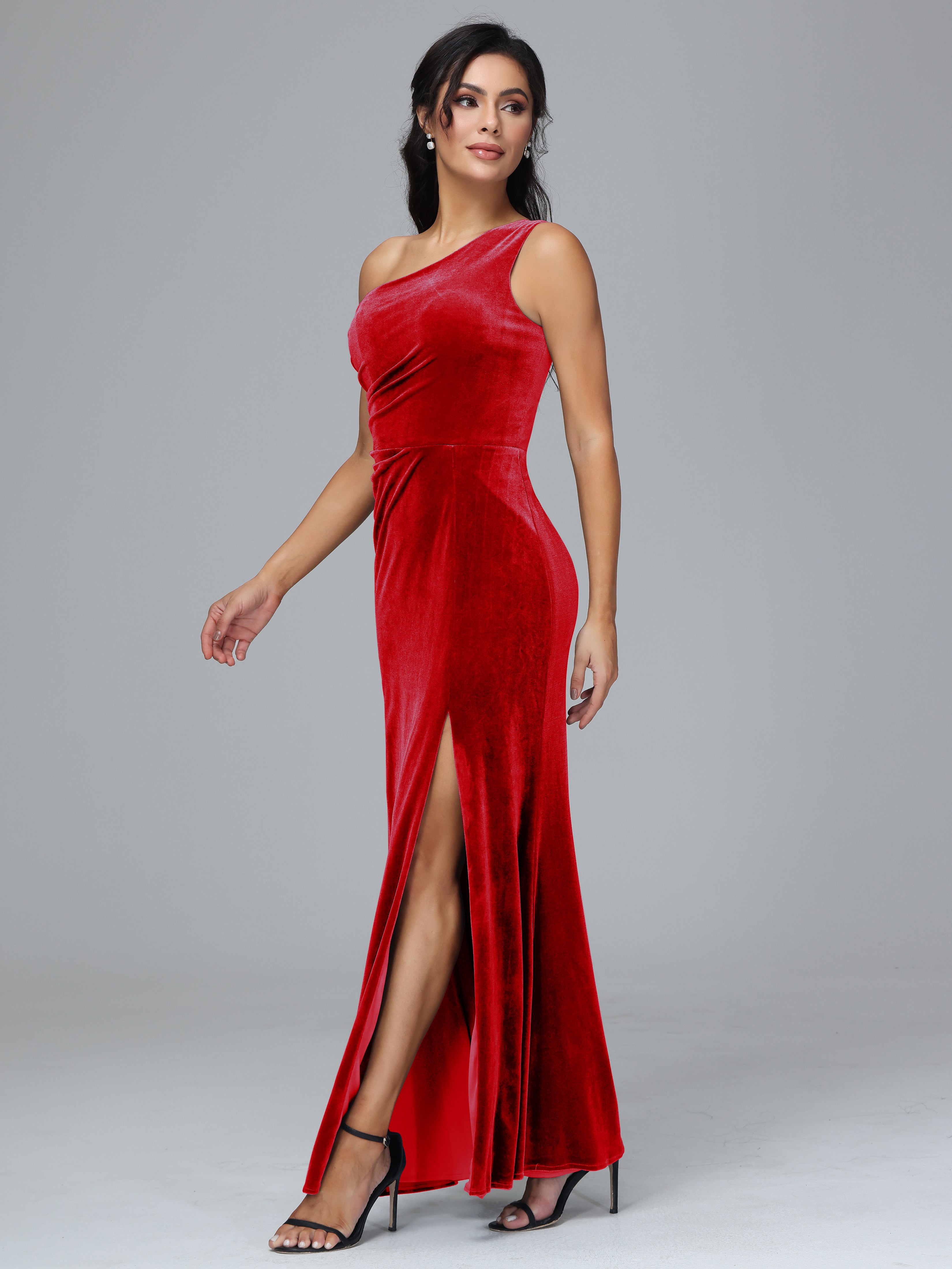 One Shoulder With Slit Plus Size Velvet Bridesmaid Dress