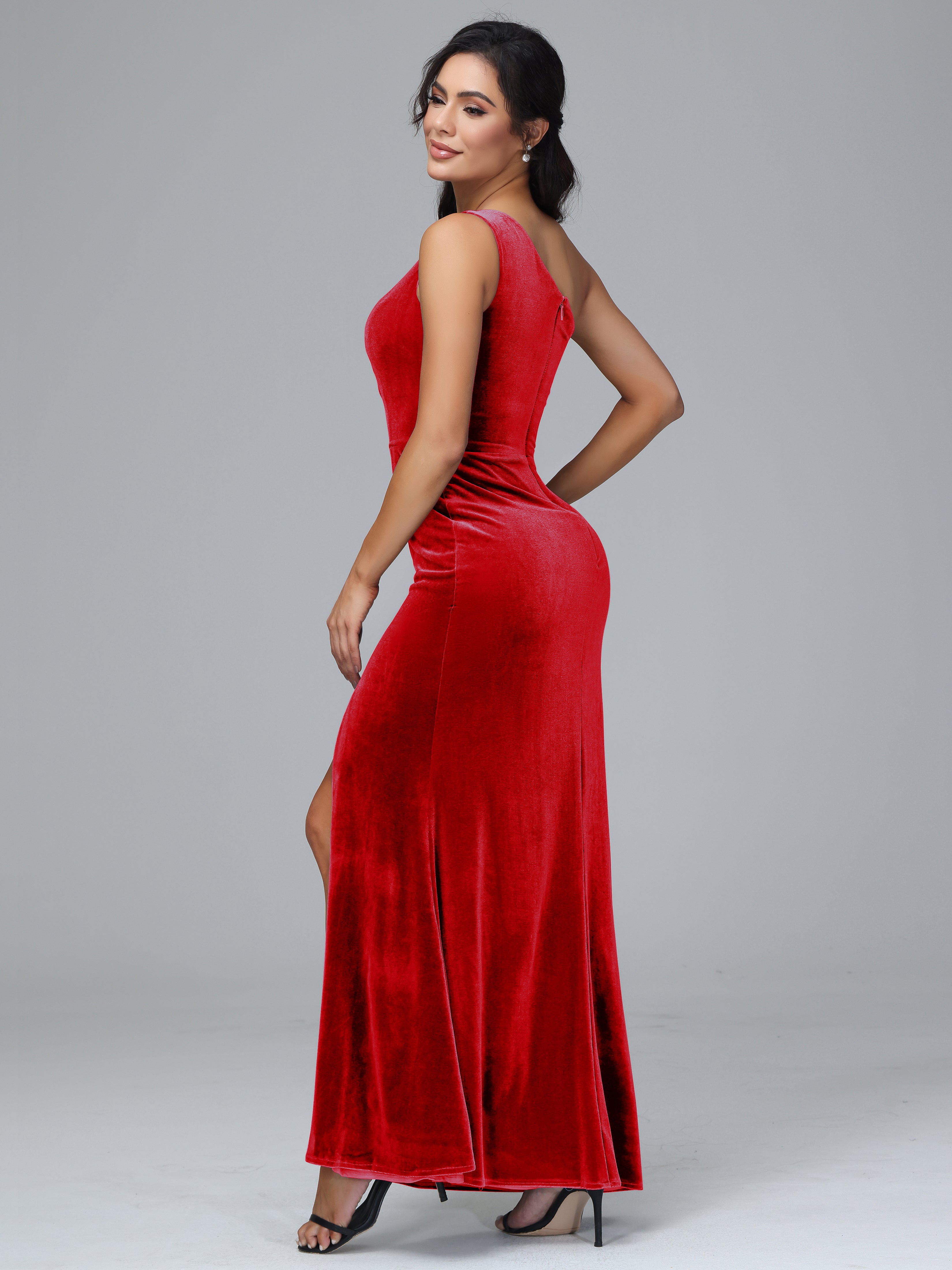 One Shoulder With Slit Plus Size Velvet Bridesmaid Dress