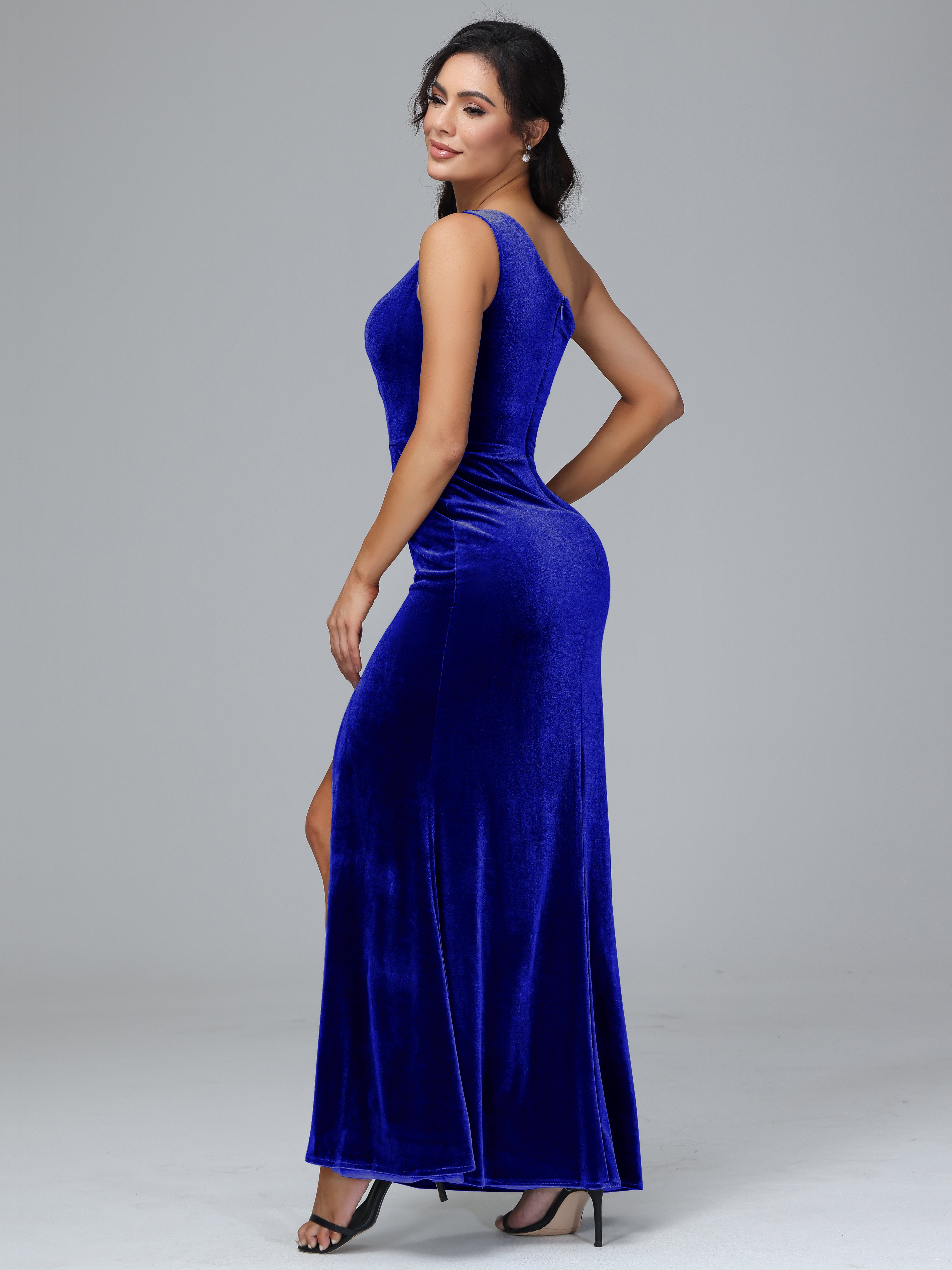 One Shoulder With Slit Plus Size Velvet Bridesmaid Dress