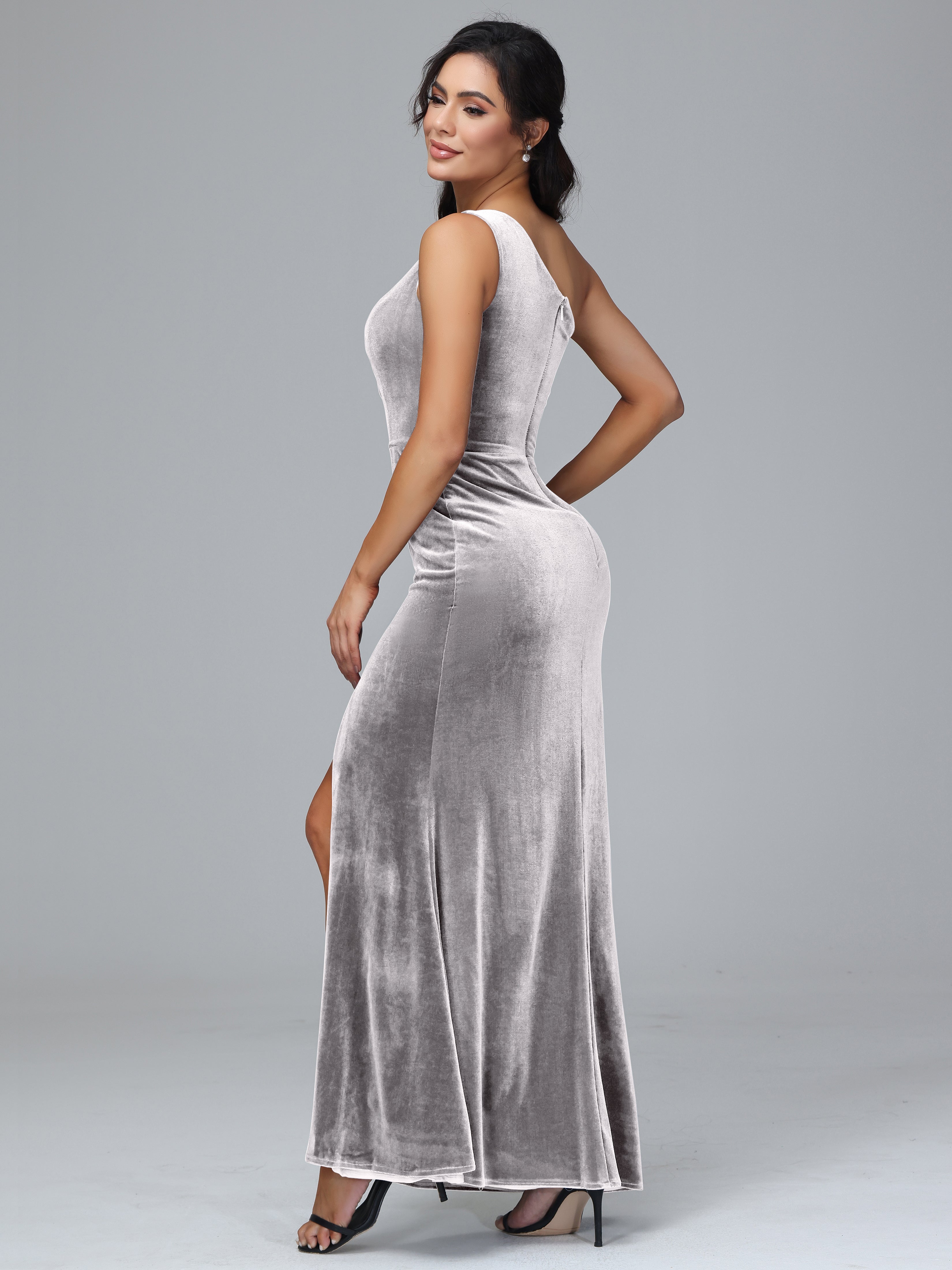 One Shoulder With Slit Plus Size Velvet Bridesmaid Dress