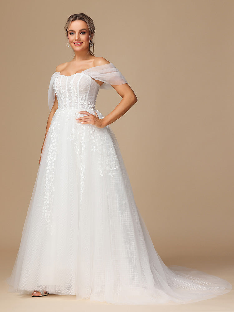 Off The Shoulder Lace Appliques Tulle Wedding Dress