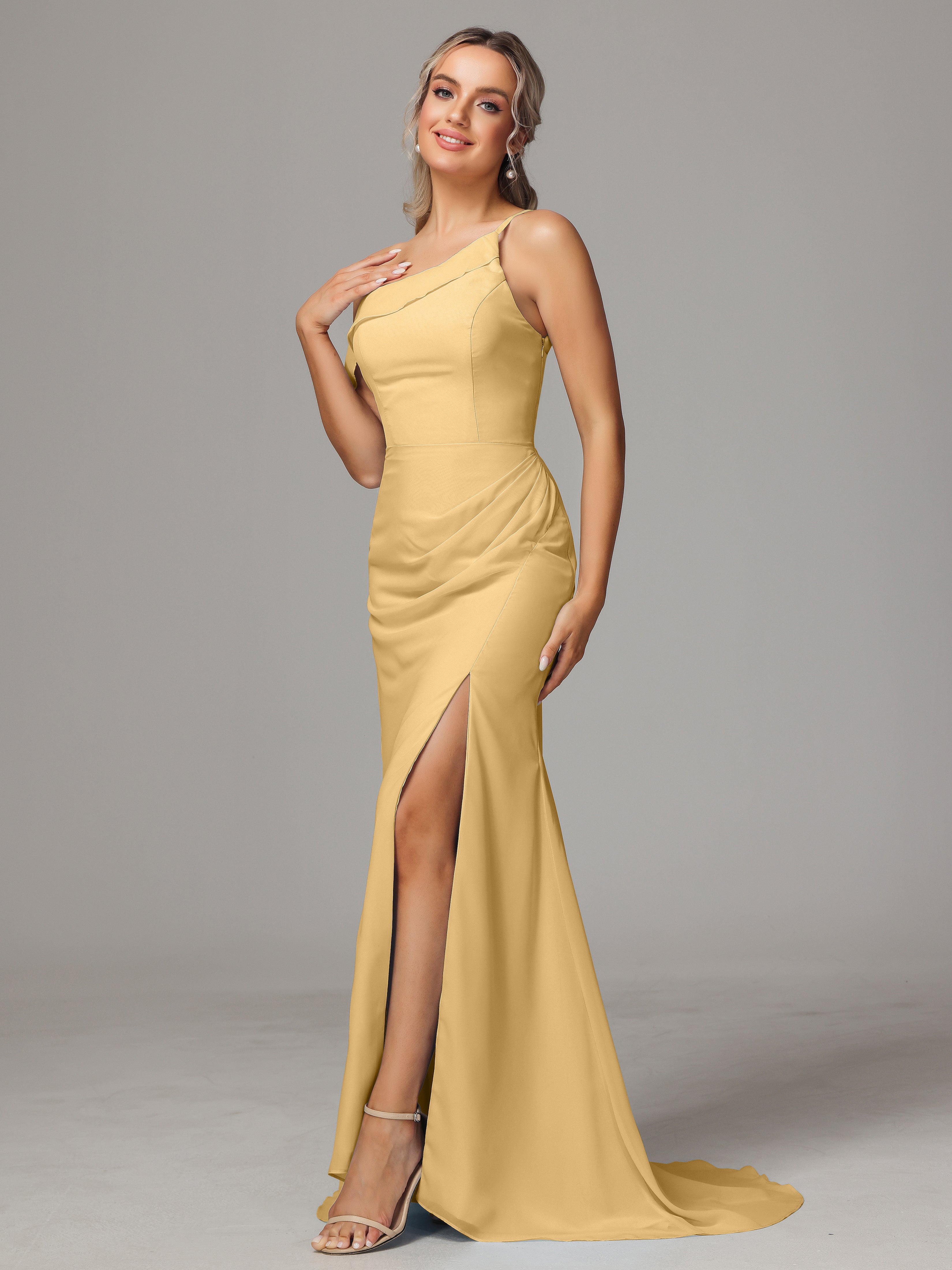 Sheath One Shoulder with Slit Chiffon Bridesmaid Dress