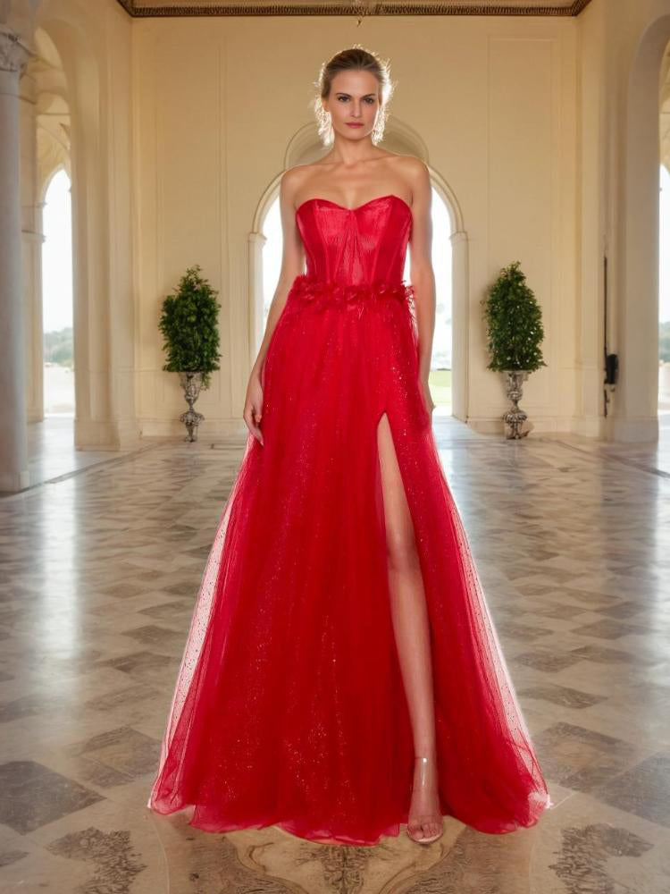 Red A-Line Sweetheart Lace Up Back Tulle Prom Dress with High Slit