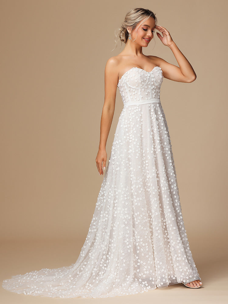 Strapless A Line Lace Long Wedding Dress