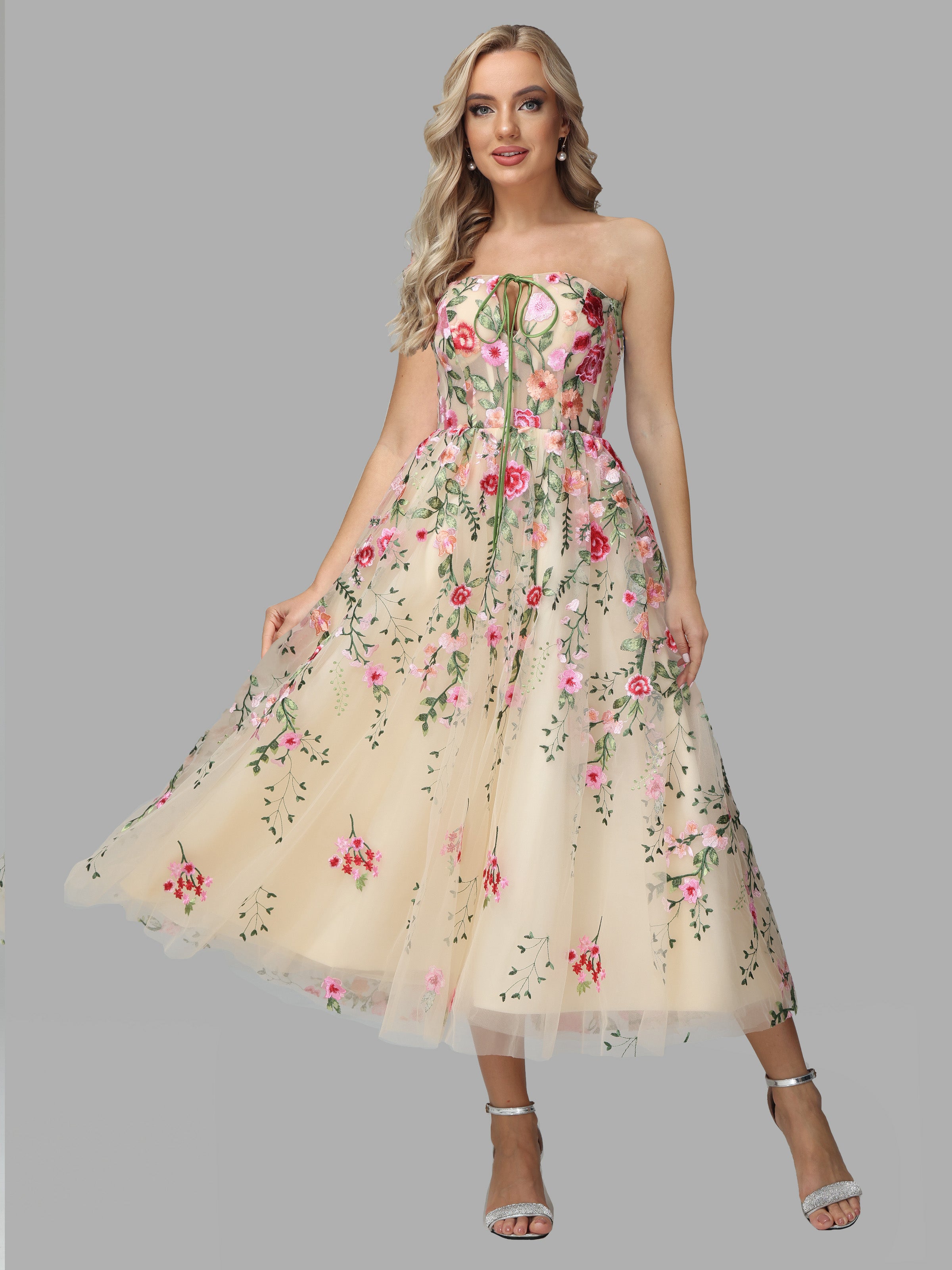 Strapless Floral Lace Tea Length Prom Dresses