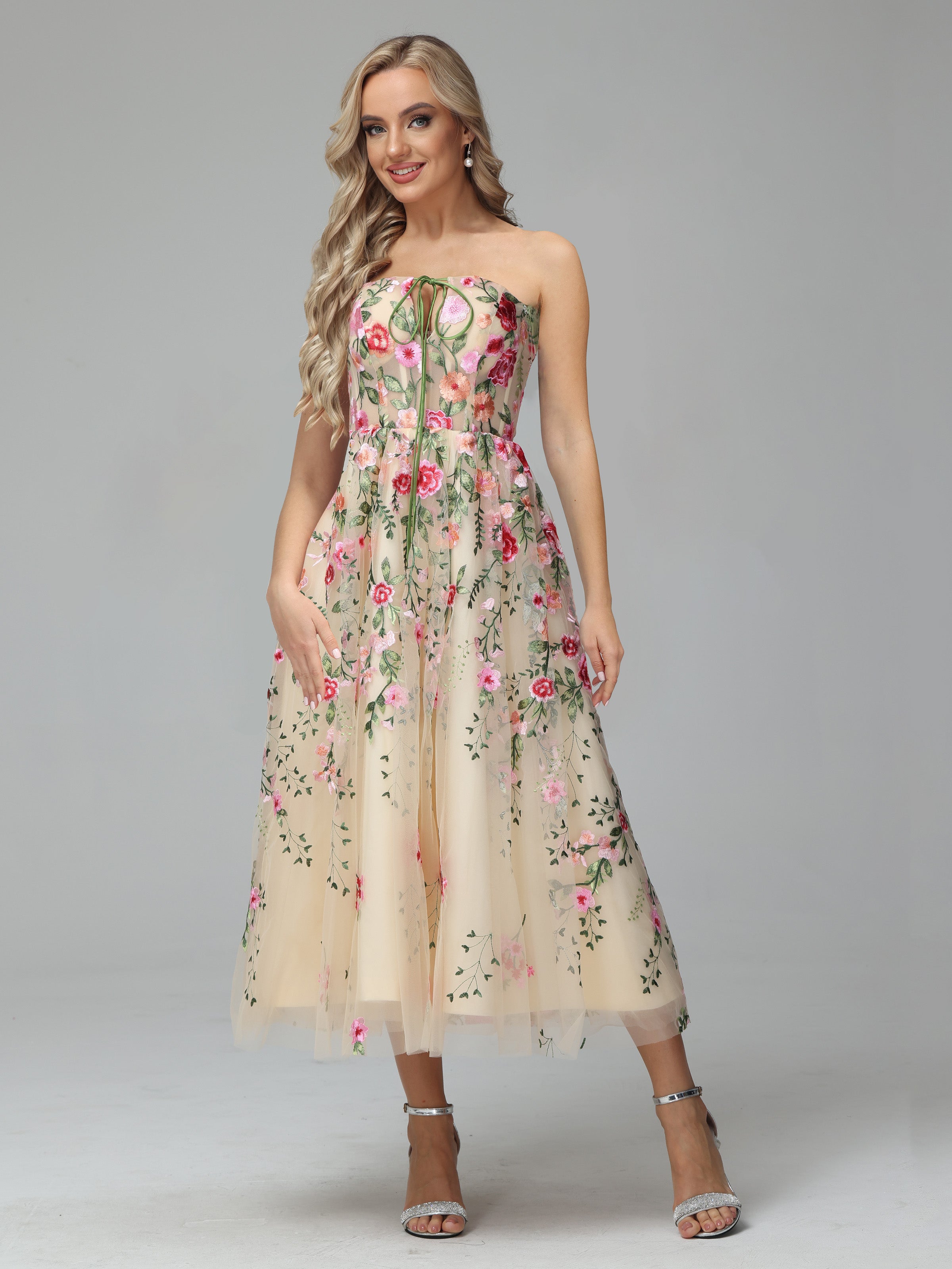 Strapless Floral Lace Tea Length Prom Dresses