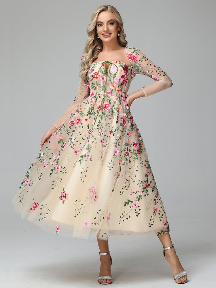 Long Sleeves Floral Lace Tea Length Prom Dresses