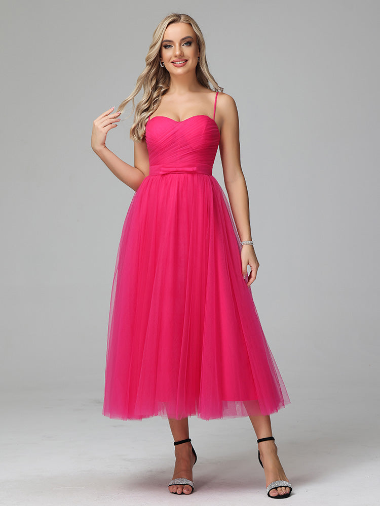 Chic Spaghetti Straps Tulle Tea Length Prom Dresses