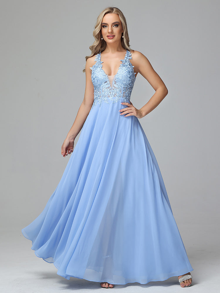 Spaghetti Straps V Neck Lace Appliques Chiffon Prom Dresses