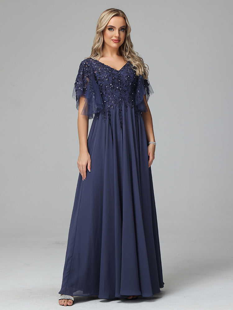 Short Sleeves Chiffon V Neck Lace Appliques Mother of the  Groom Dress