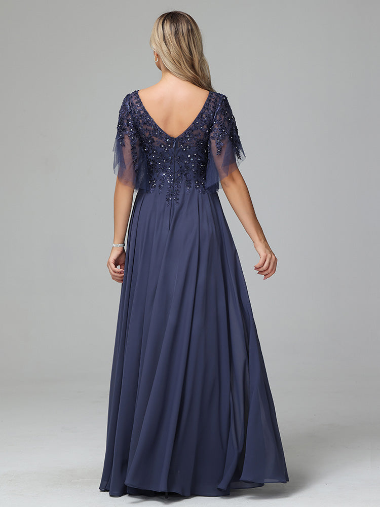 Short Sleeves Chiffon V Neck Lace Appliques Mother of the  Groom Dress