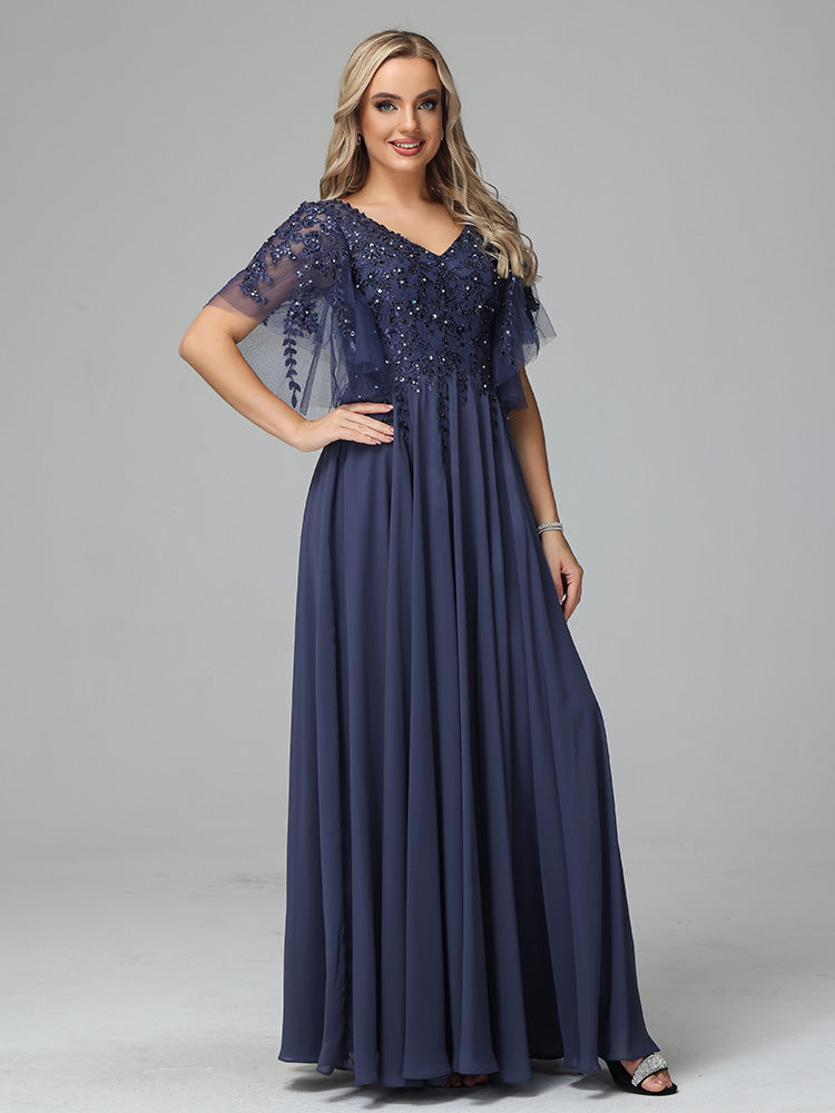 Short Sleeves Chiffon V Neck Lace Appliques Mother of the  Groom Dress