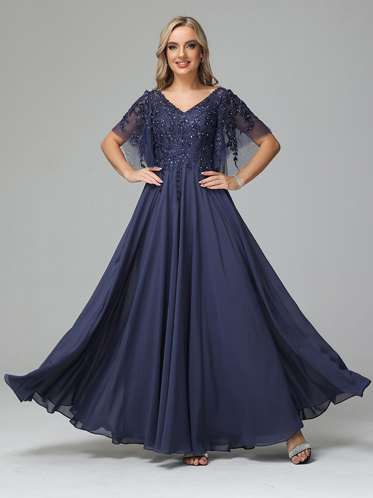 Short Sleeves V Neck Lace Appliques Chiffon Prom Dresses