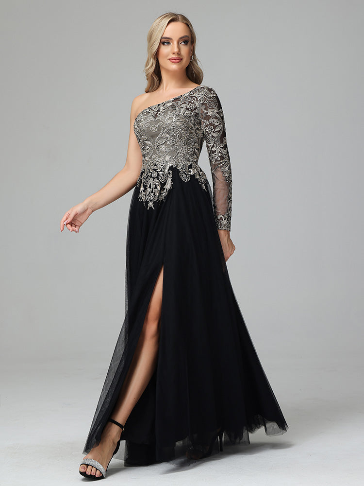 One Shoulder Long Sleeves  Lace Appliques Tulle Prom Dresses