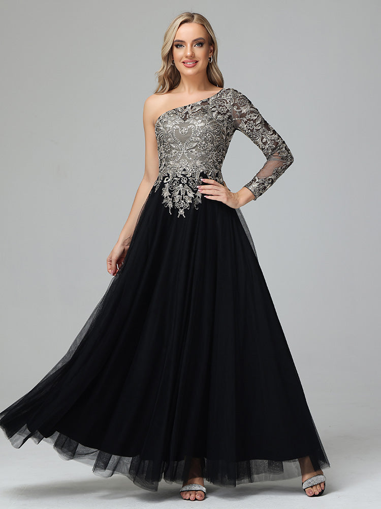 One Shoulder Long Sleeves  Lace Appliques Tulle Prom Dresses