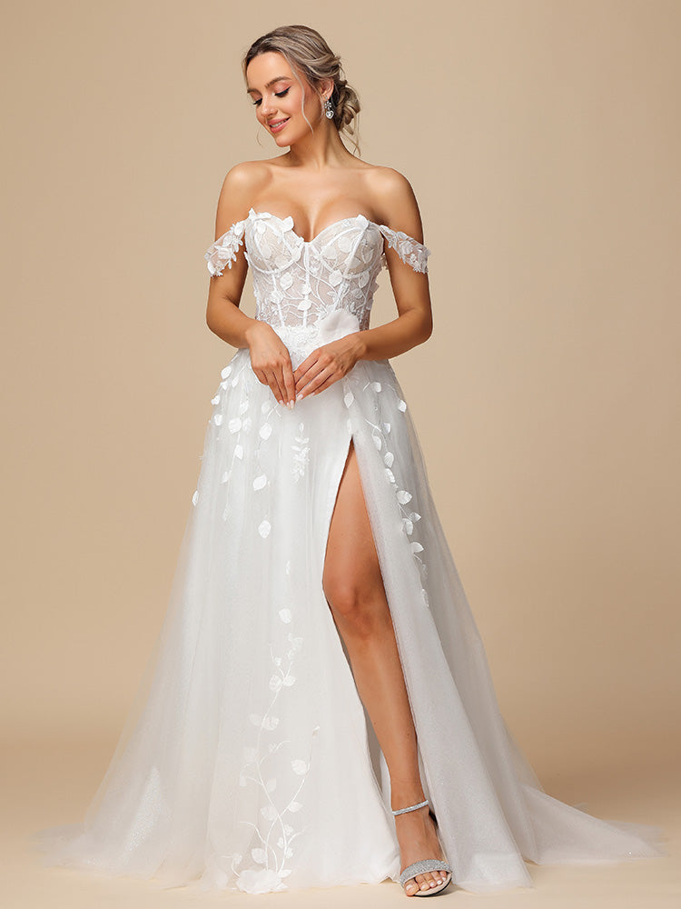 Off The Shoulder Lace Appliques Tulle Wedding Dress With Slit