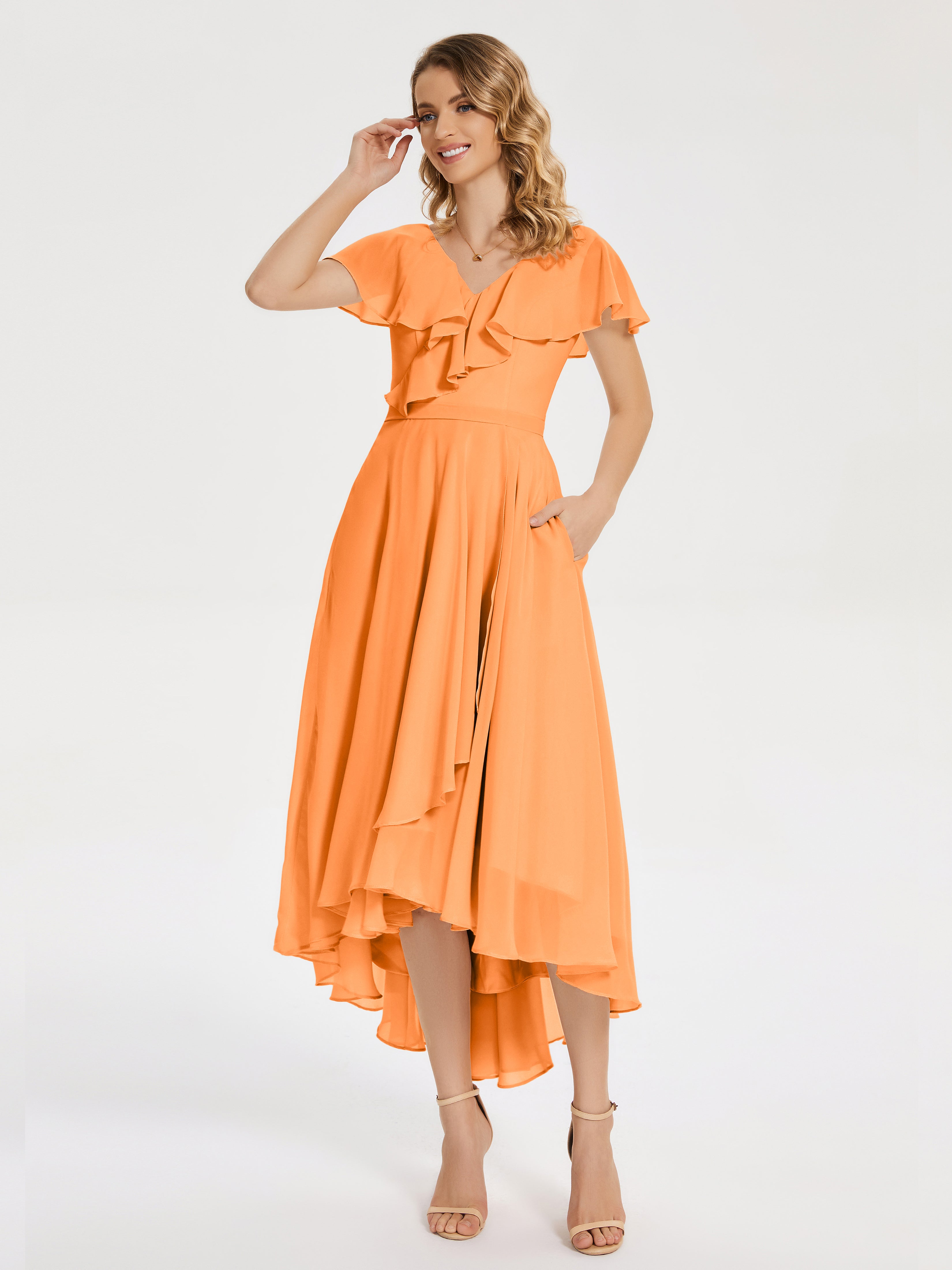 Evangeline High Low Short Sleeves Chiffon Bridesmaid Dress