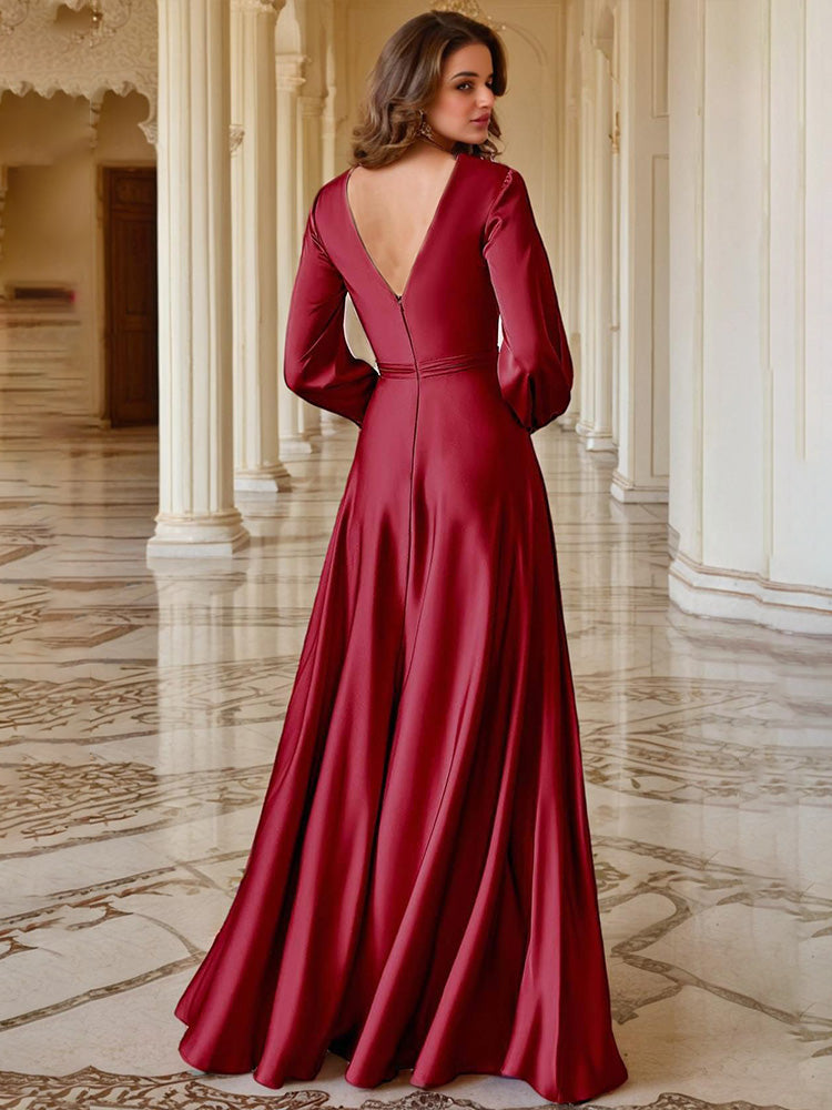 Sleek Deep V-Neck Long Sleeves with High Slit Mother of the Bride Dress